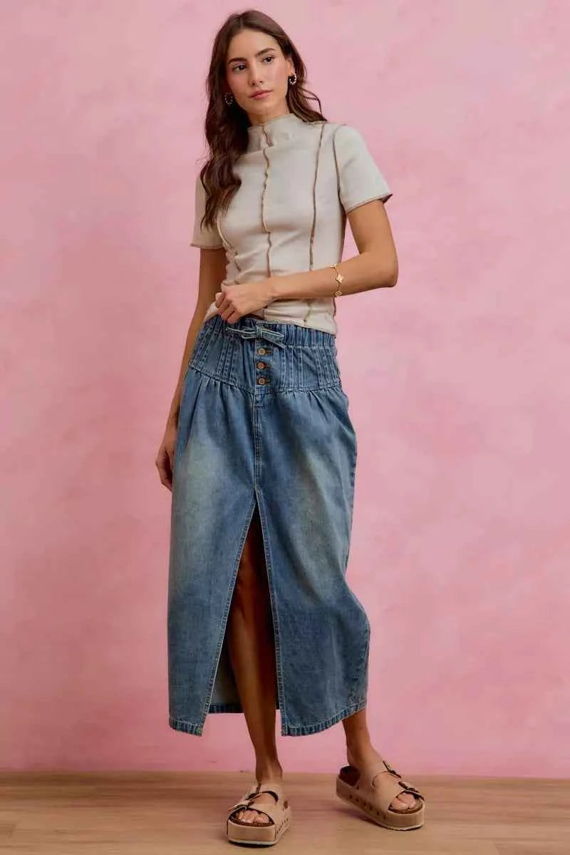 SO ME Pleated Washed Denim Skirt With Front Slit