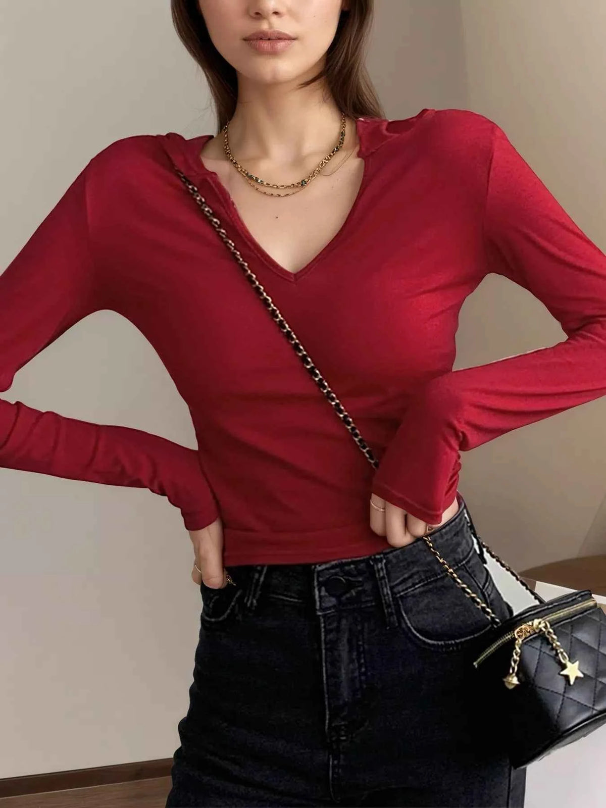 V-Neck Long Sleeve Slim Fit T-Shirt