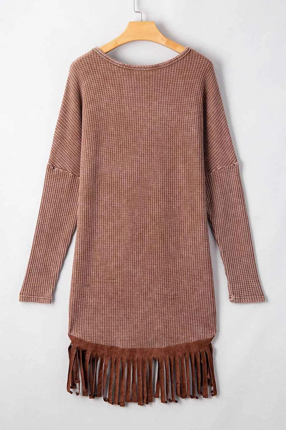 Waffle Knit Fringed High Low Loose Top