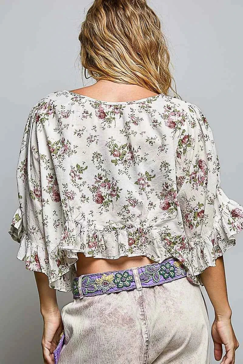 POL Ruffle Tie Front Cropped Floral Woven Flutter Sleeve Top