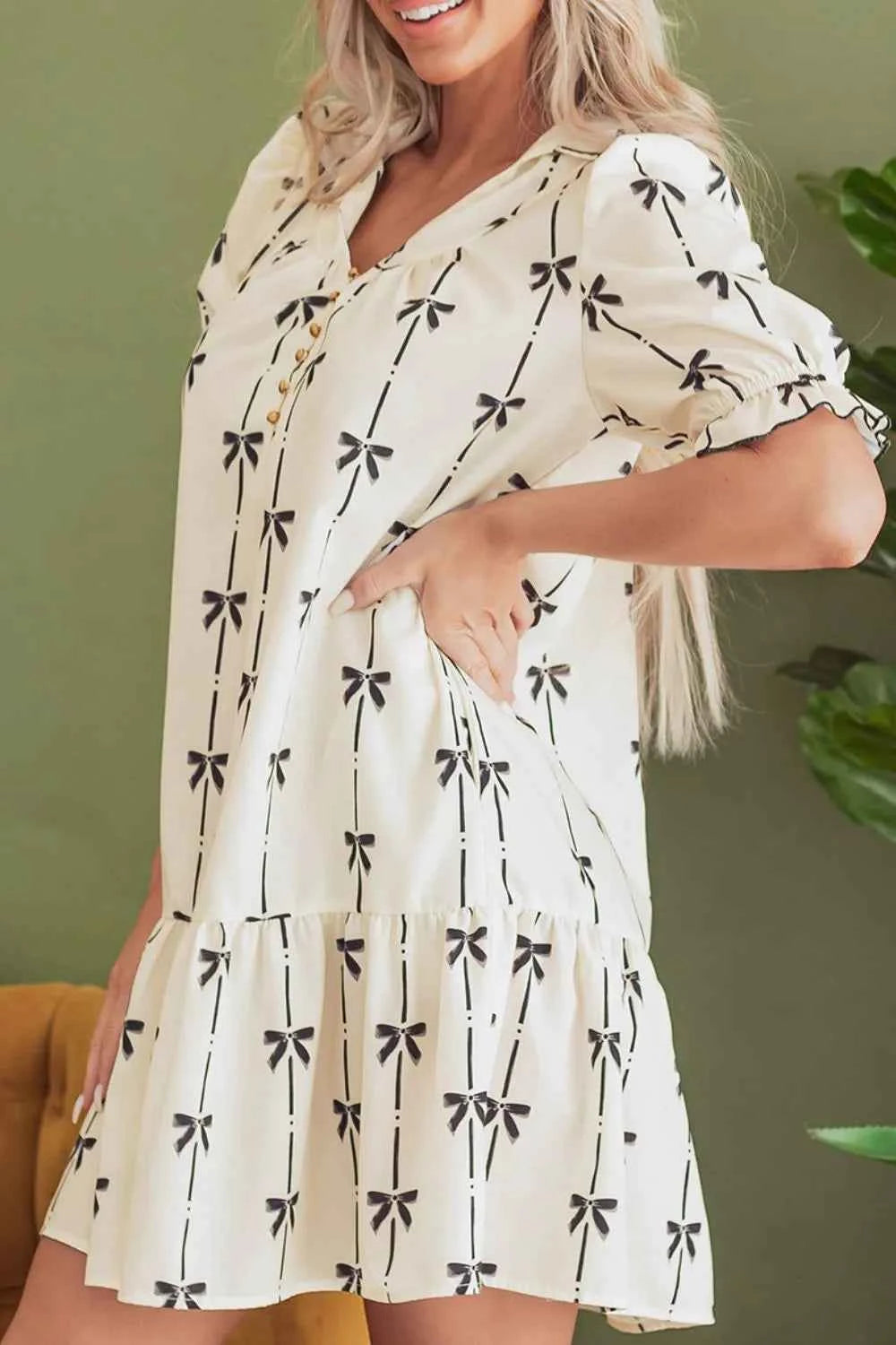 Frill Bow Print Notched Short Sleeve Mini Dress