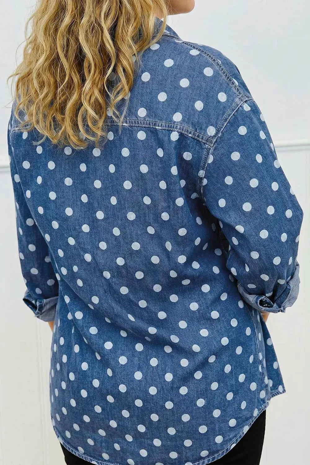 Polka Dot Long Sleeve Collar Shift Tunic Denim Jacket