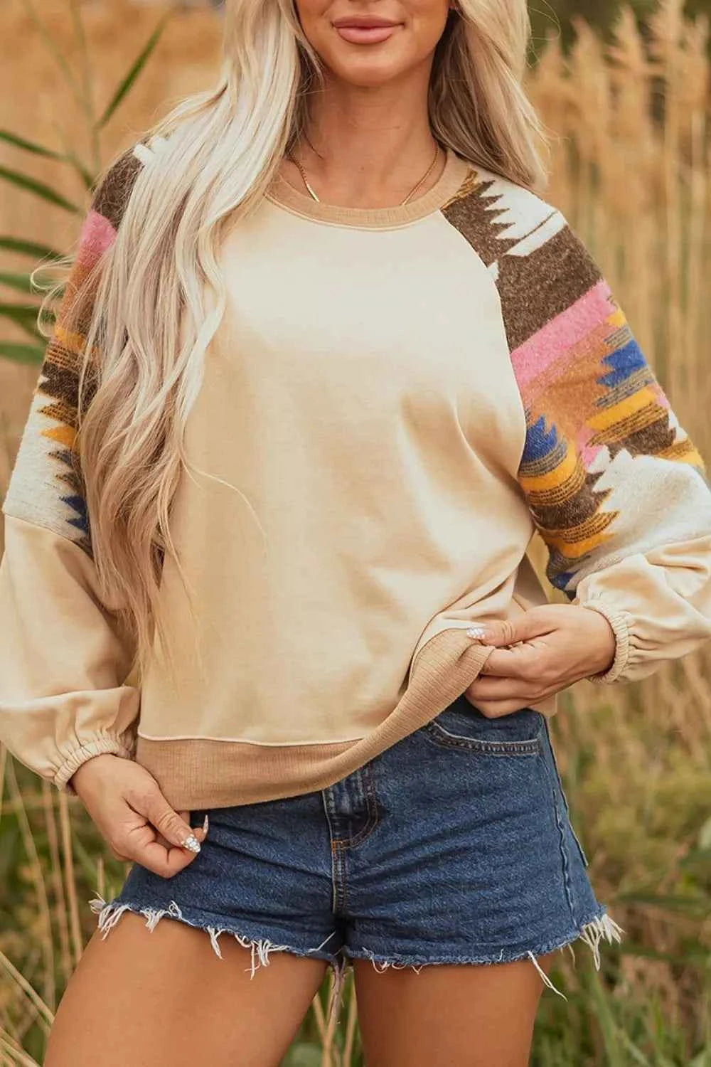 Aztec Bubble Sleeve Patchwork Western Sweatshirt