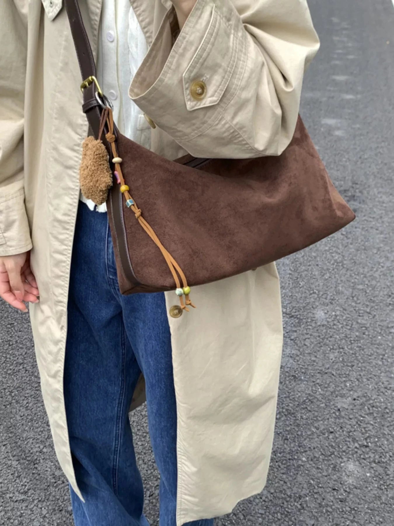Solid Color Suede Hobo Crossbody Bag