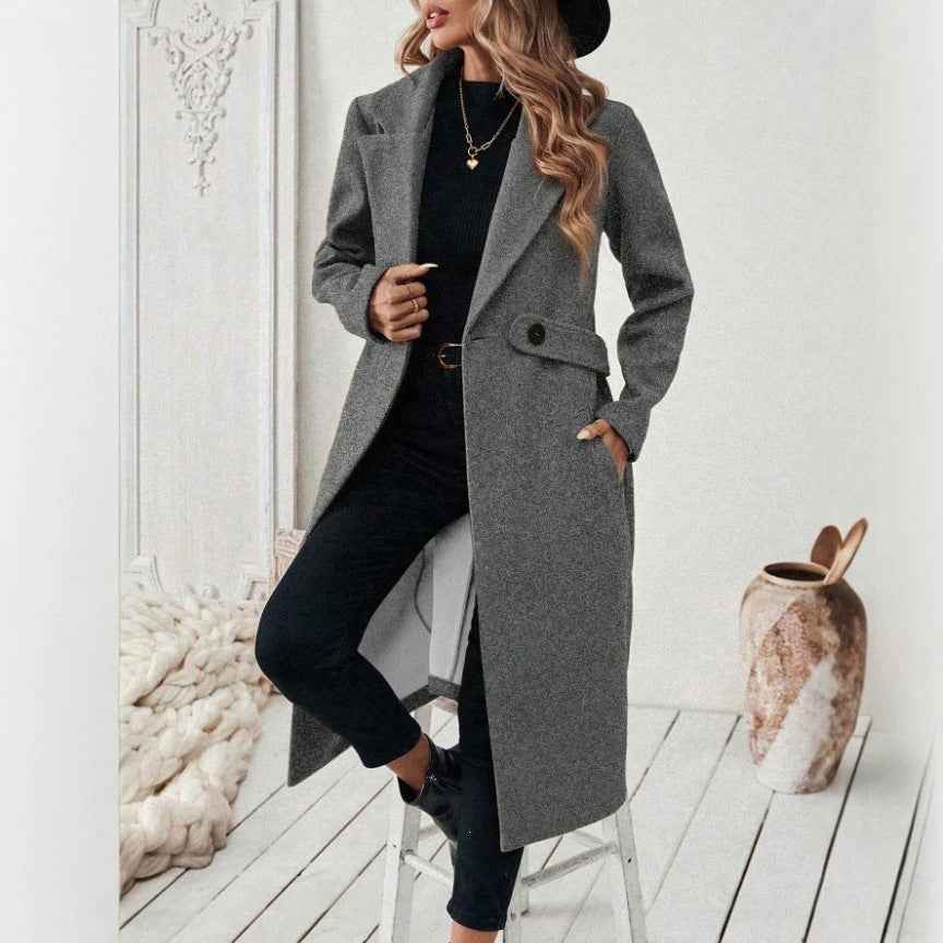 Womens Solid-color Wool Coat With A Lapel And Double-breasted Design