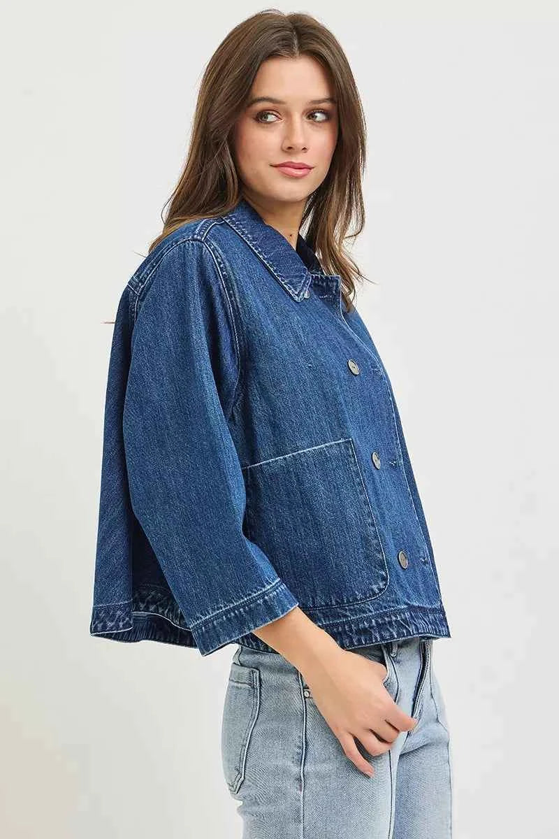 RISEN Double-Breasted Flowy Cropped Denim Jacket
