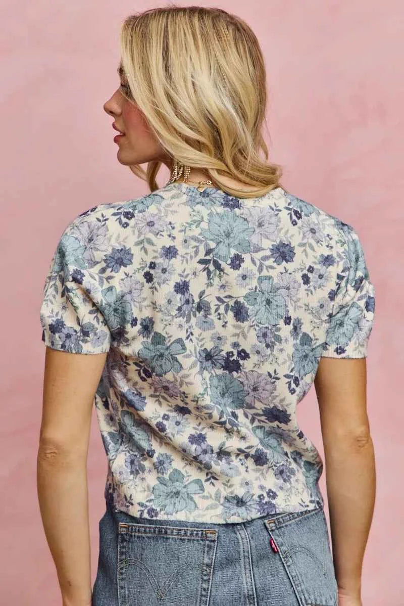 SO ME Floral Print Short Sleeves Sweater Knit Top