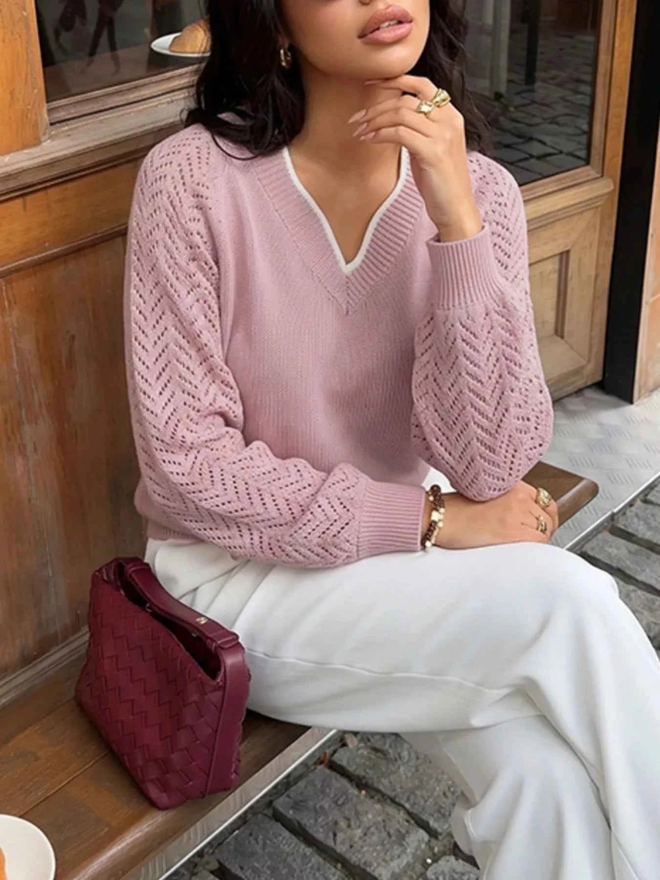 V-Neck Openwork Long Sleeve Sweater