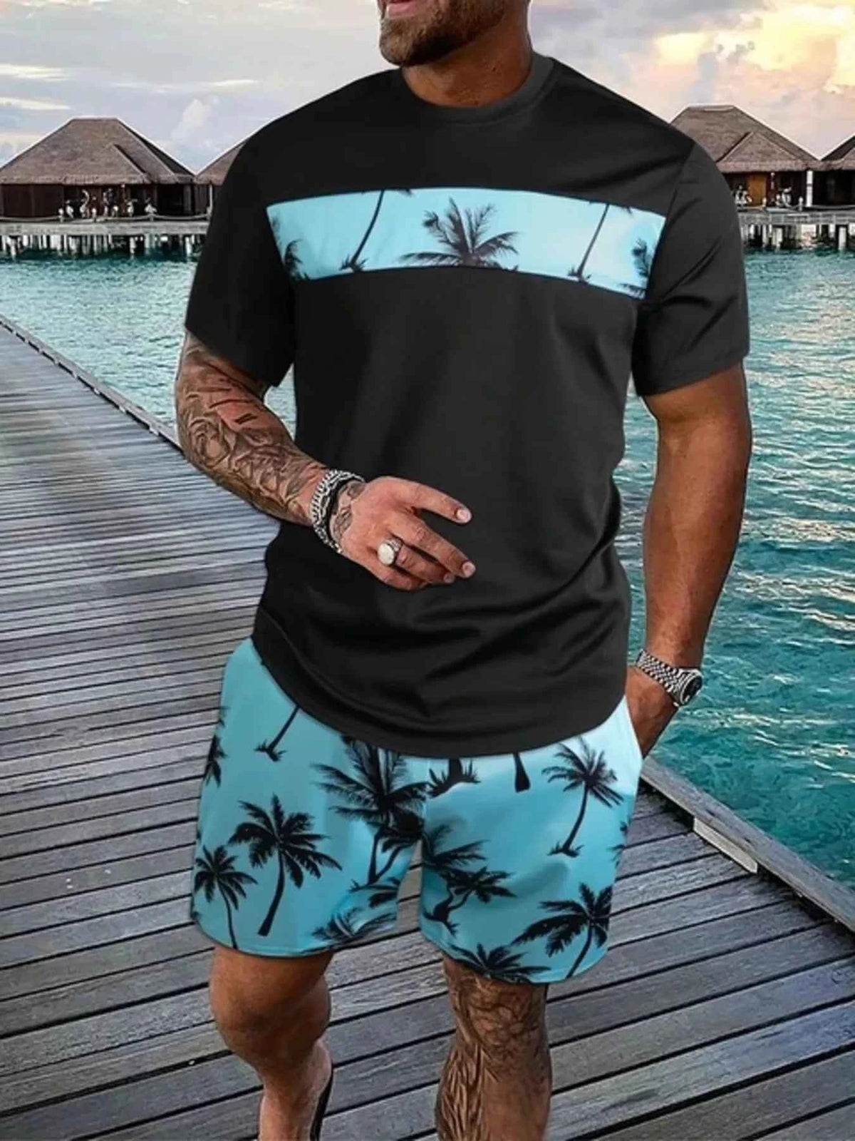 Men's Full Size Tropical Palm Tree Tee and Shorts Set Plus Size
