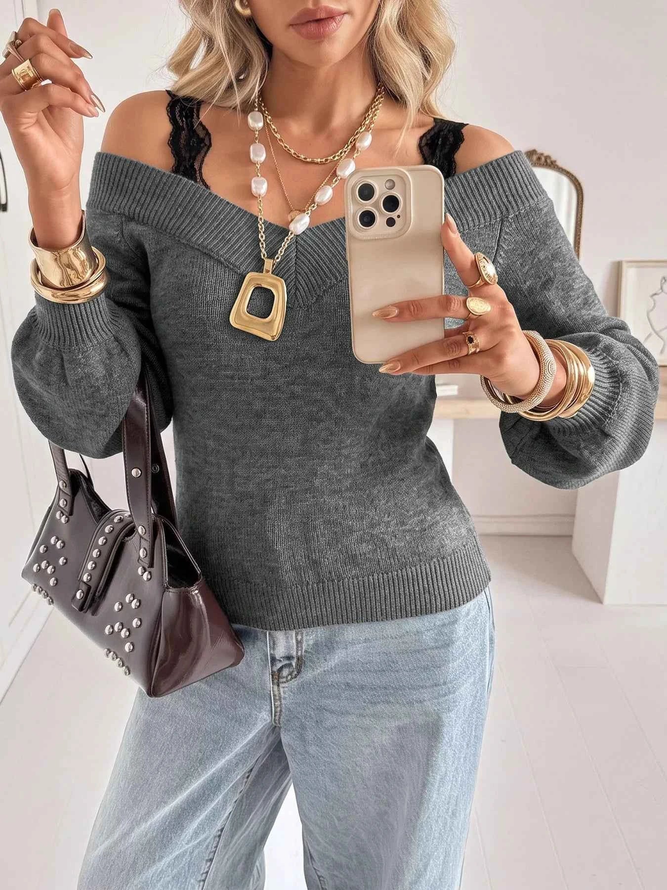 Off-Shoulder Lace Trim Sweater