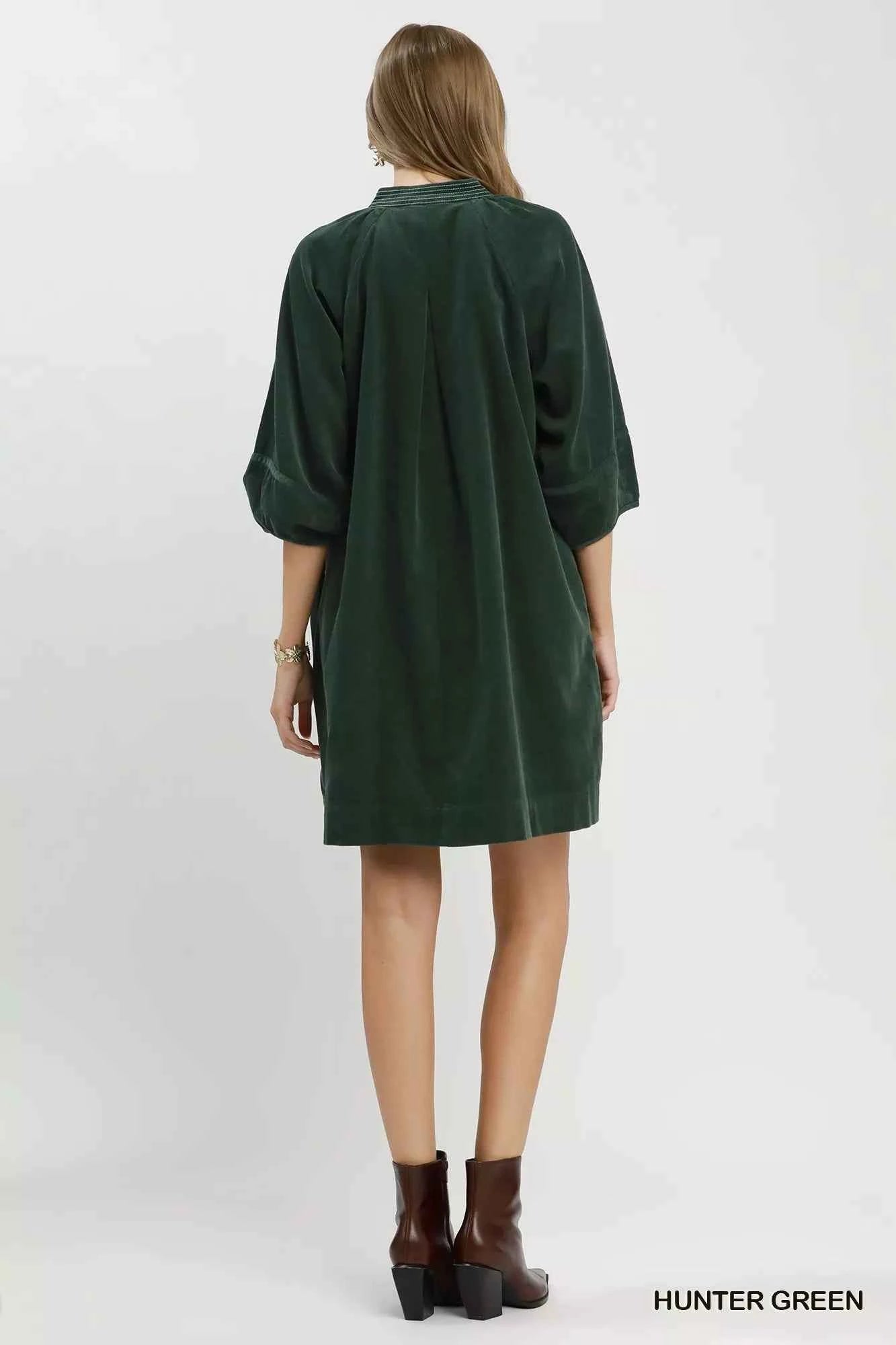 Umgee Corduroy V-Neck Puff Sleeve Shift Dress with Pockets