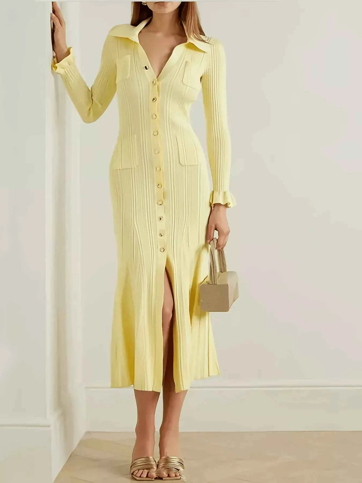Button-Down Flounce Sleeve Sweater Dress