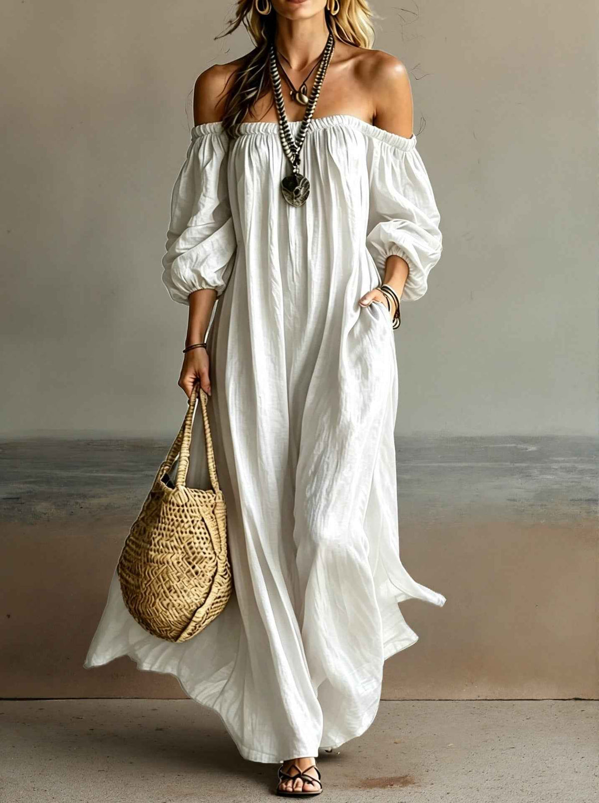 Off-shoulder Puff-sleeve Long Dress For Women