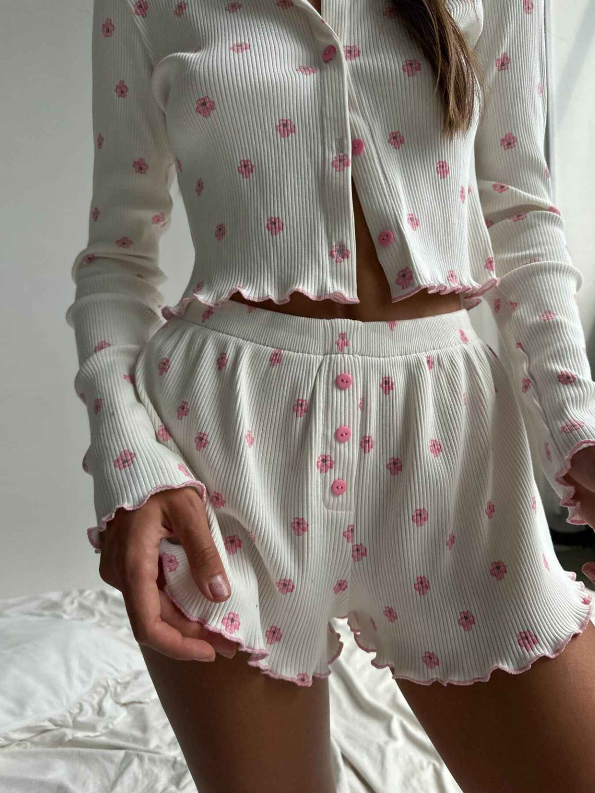 Floral Print Ribbed Knit Top and Shorts Lounge Set