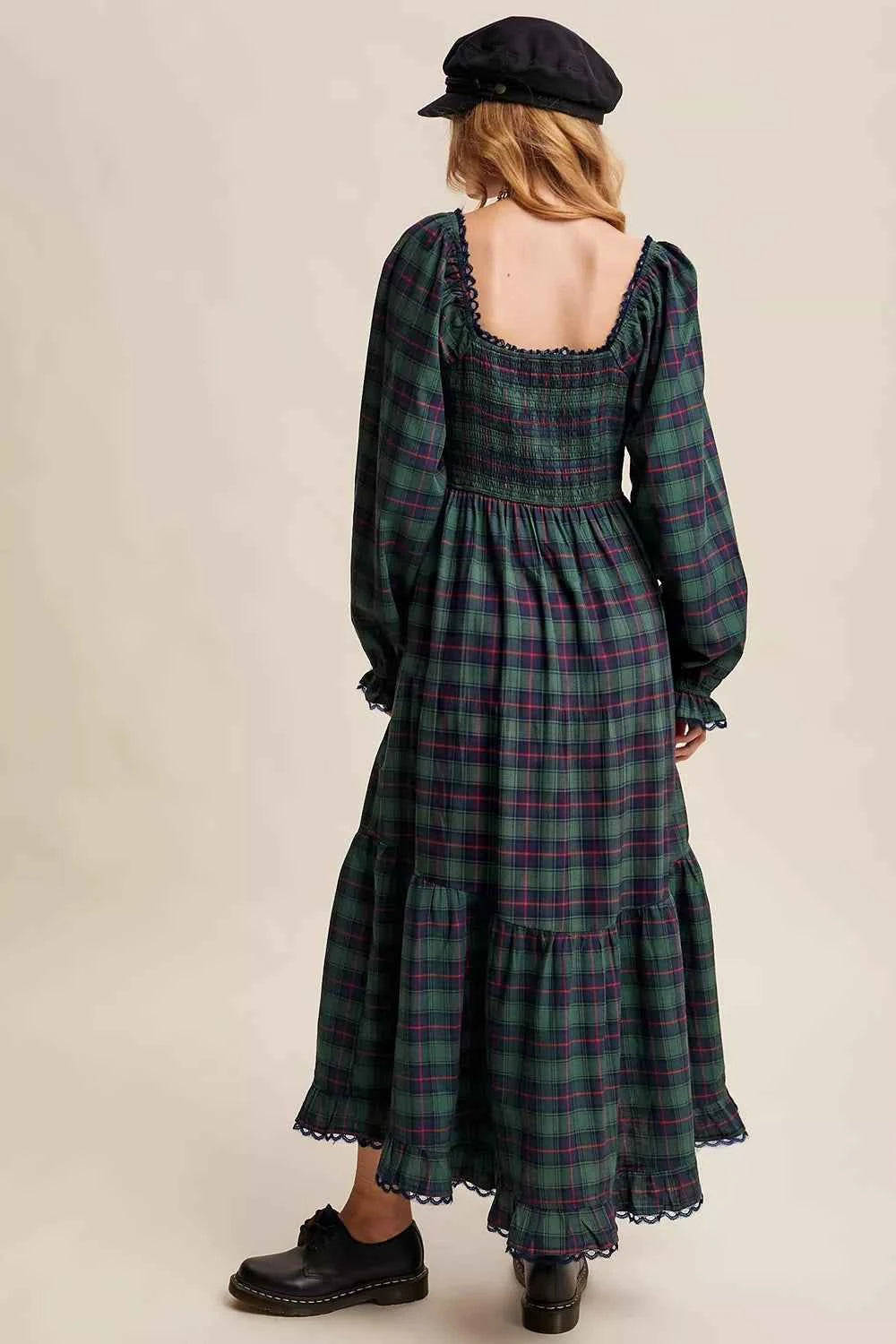 Plaid Long Sleeve Tiered Midi Dress