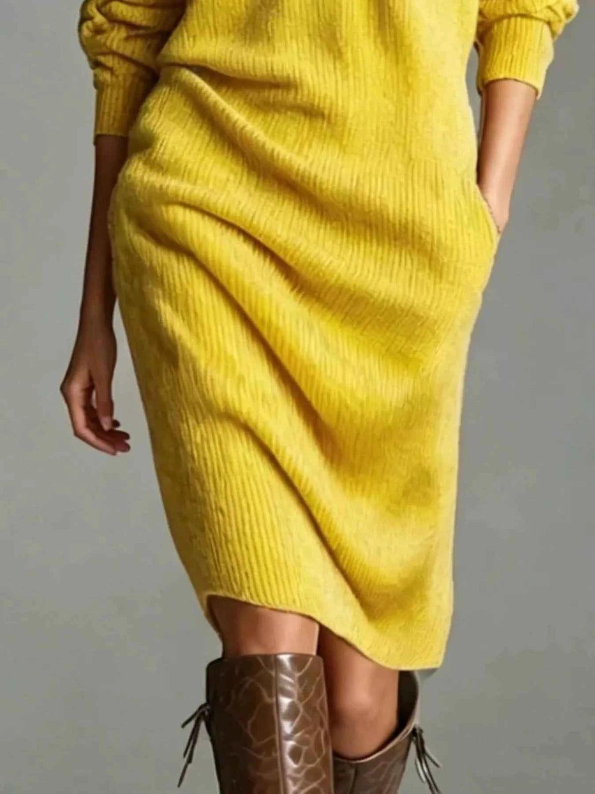 V-Neck Half-Button Ribbed Knit Dress