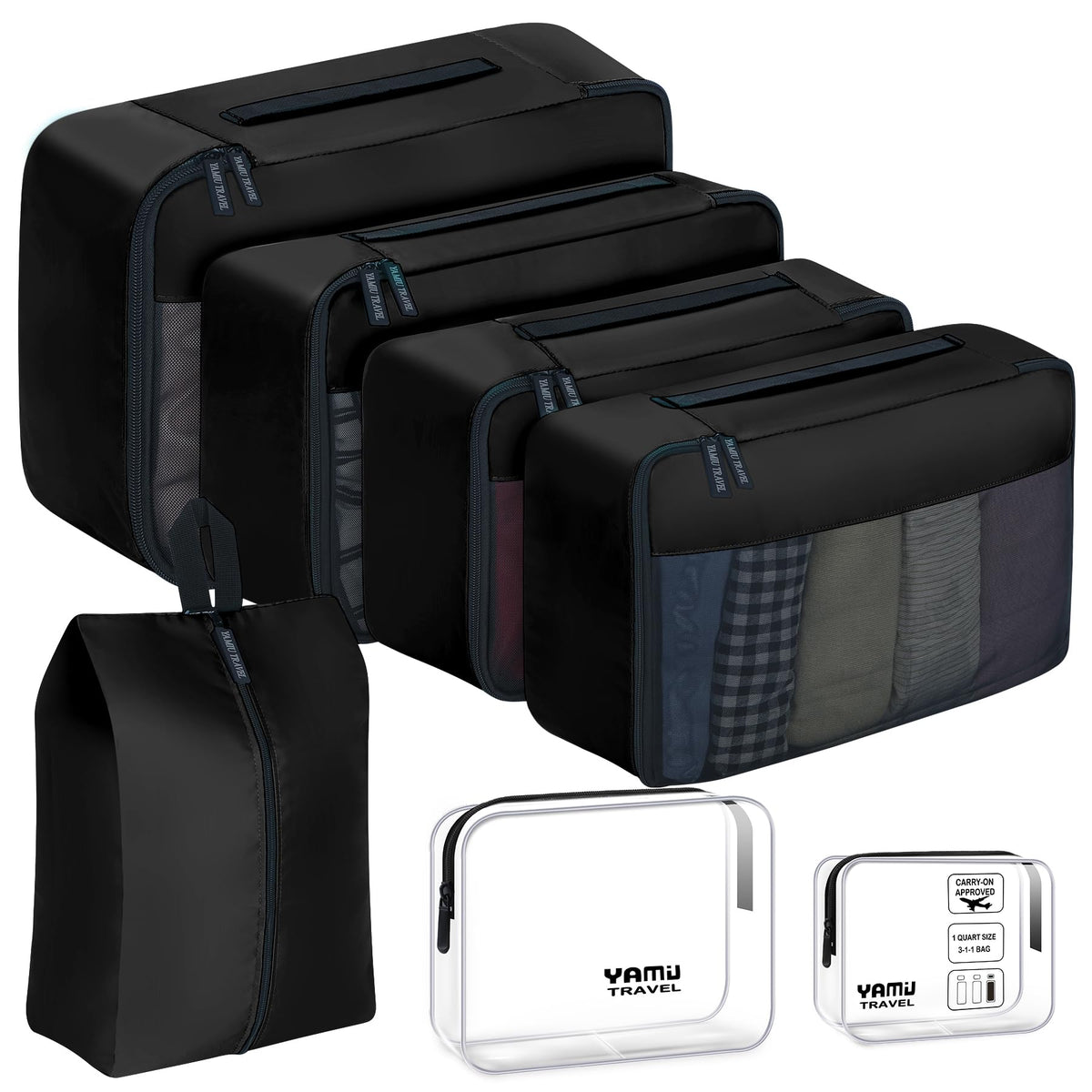 YAMIU Packing Cubes for Suitcases 7 Pcs luggage organizer bags with Shoe Bag 2 Waterproof Travel Toiletry Bags Travel Cubes for Travel Essentials Travel Accessories