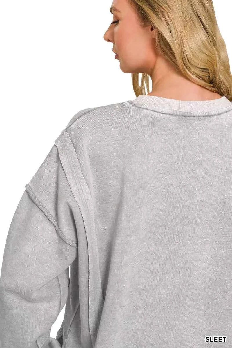 Zenana Fleece Acid Washed Contrast Trim Pullover
