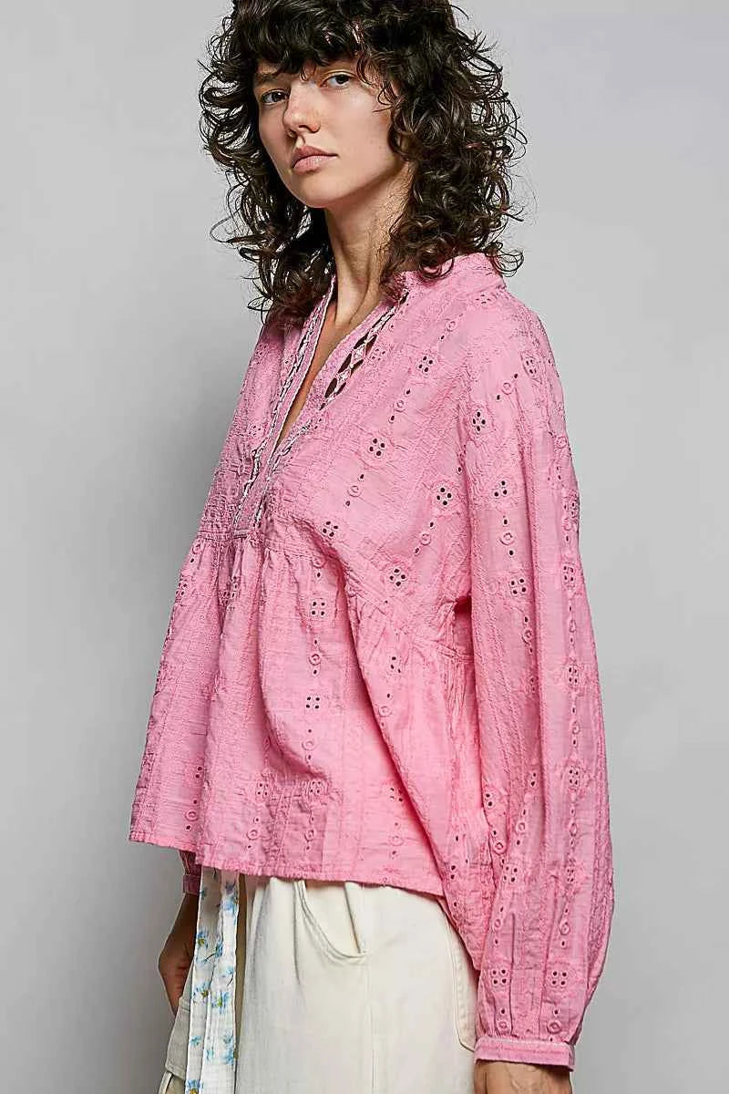 POL Eyelet Lace Split Neck Gathered Empire Waist Cotton Blouse