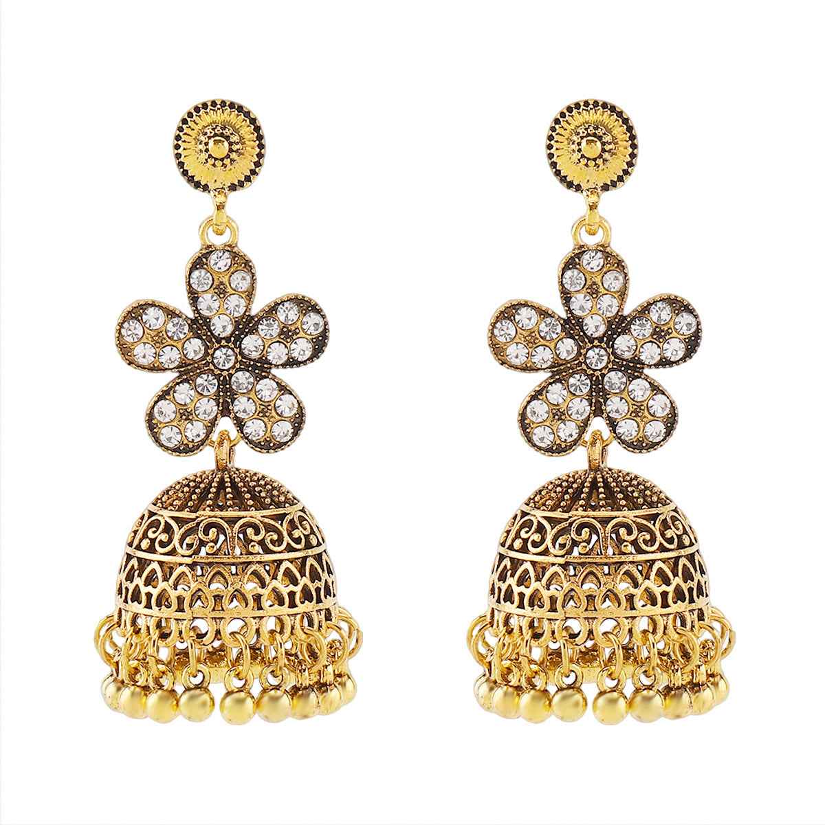 Retro Floral Rhinestone-studded Tassel Stud Earrings