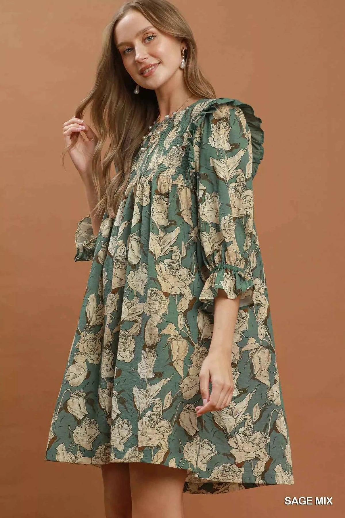 Umgee Mix Floral Print Smocked Ruffle Detail Flowy Dress