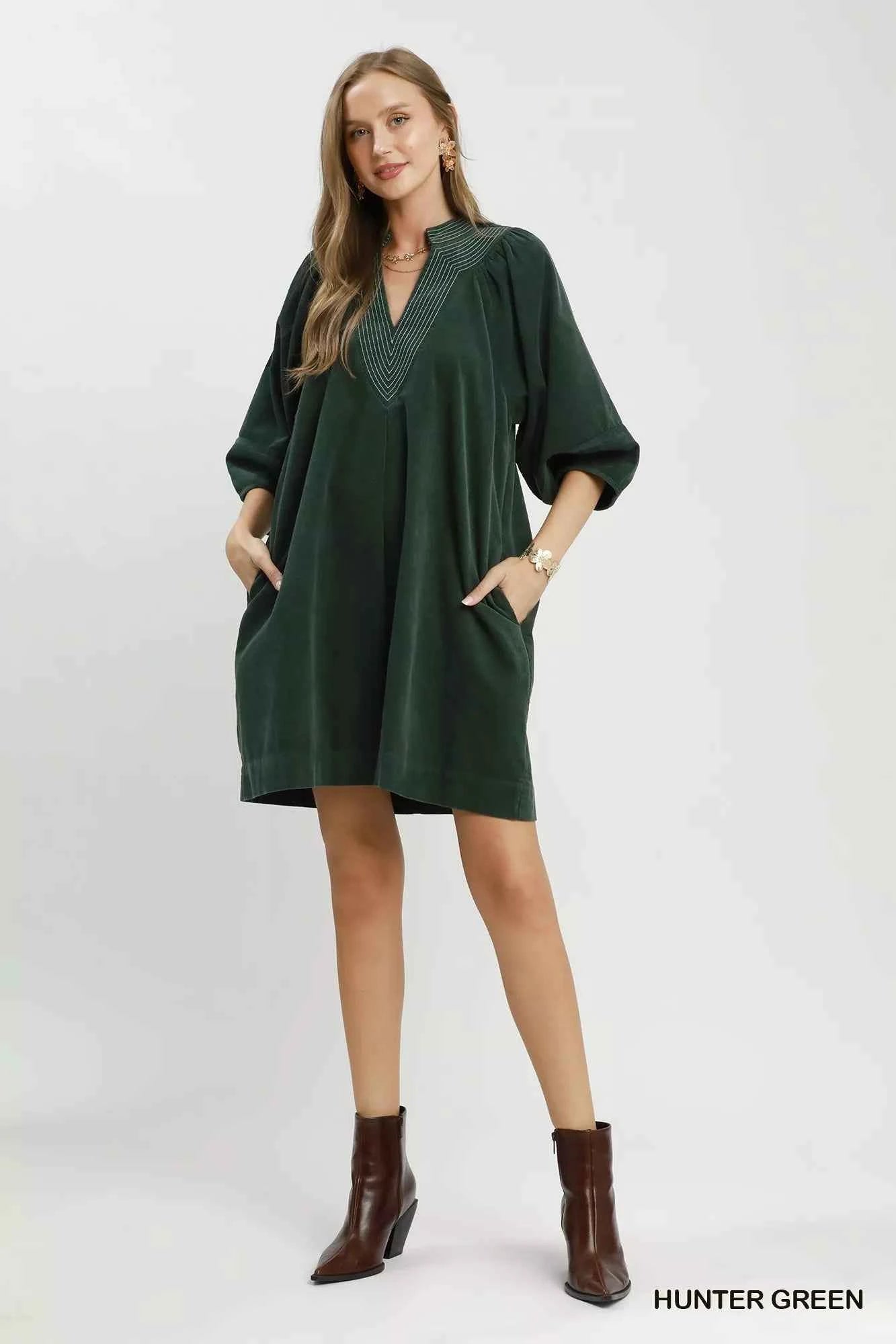 Umgee Corduroy V-Neck Puff Sleeve Shift Dress with Pockets