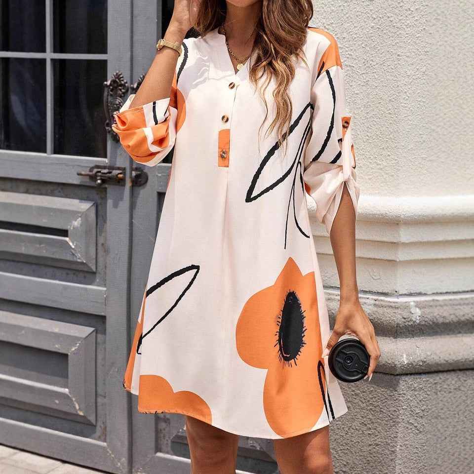 V-neck Long Sleeve Shirt Dress Women