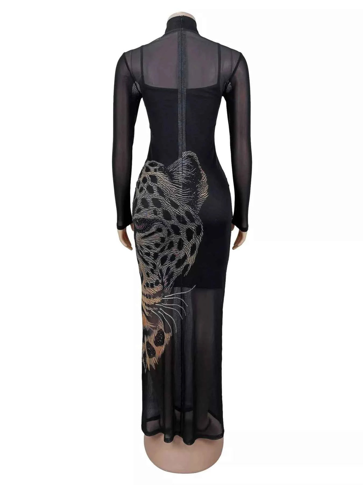 Leopard Print Mesh Long Sleeve Maxi Dress