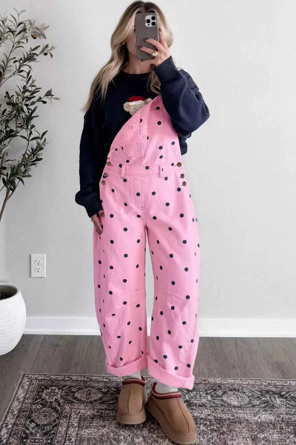 Polka Dot Print Bib Pocket Denim Barrel Overalls