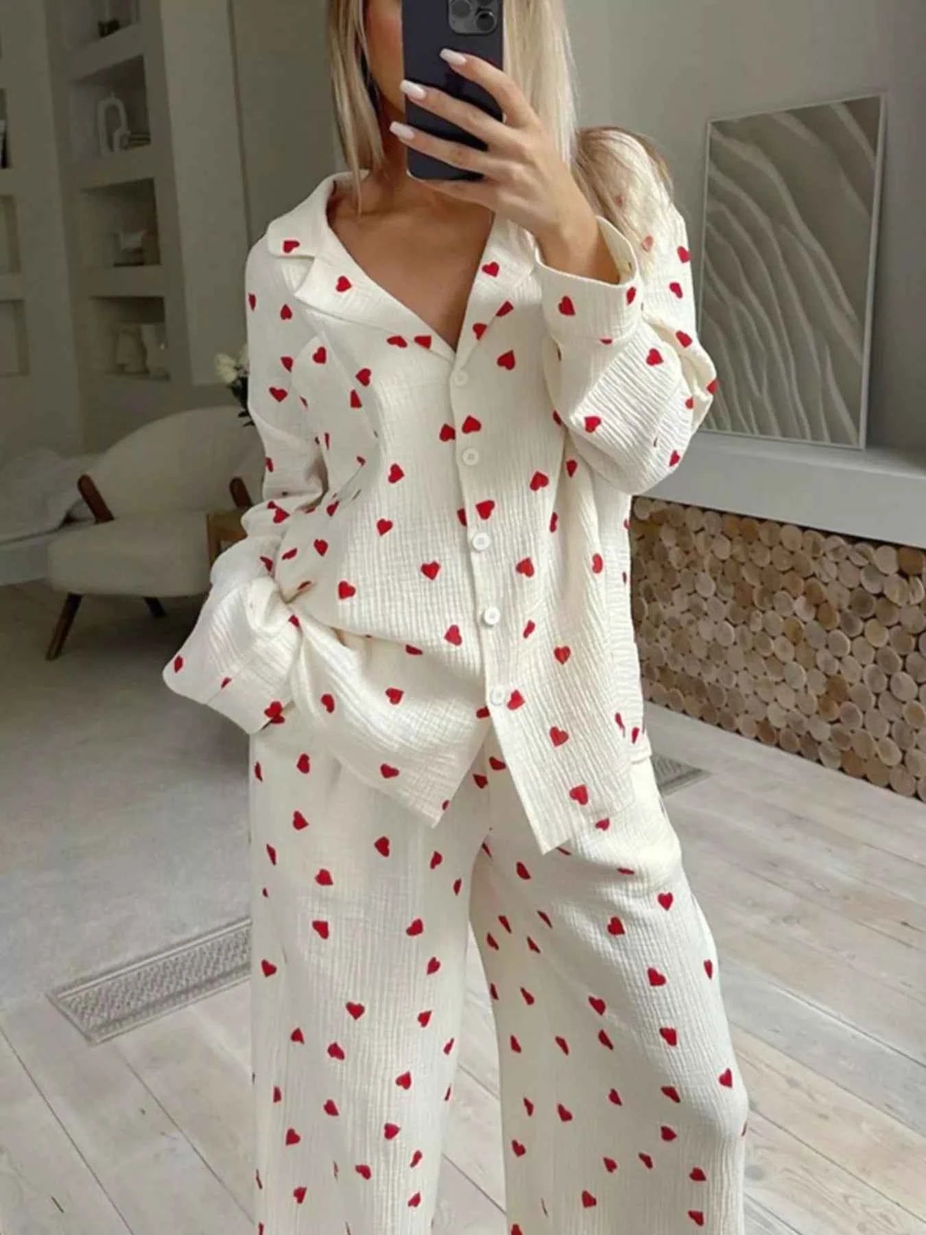 Heart Print Long Sleeve Top and Pants Lounge Set