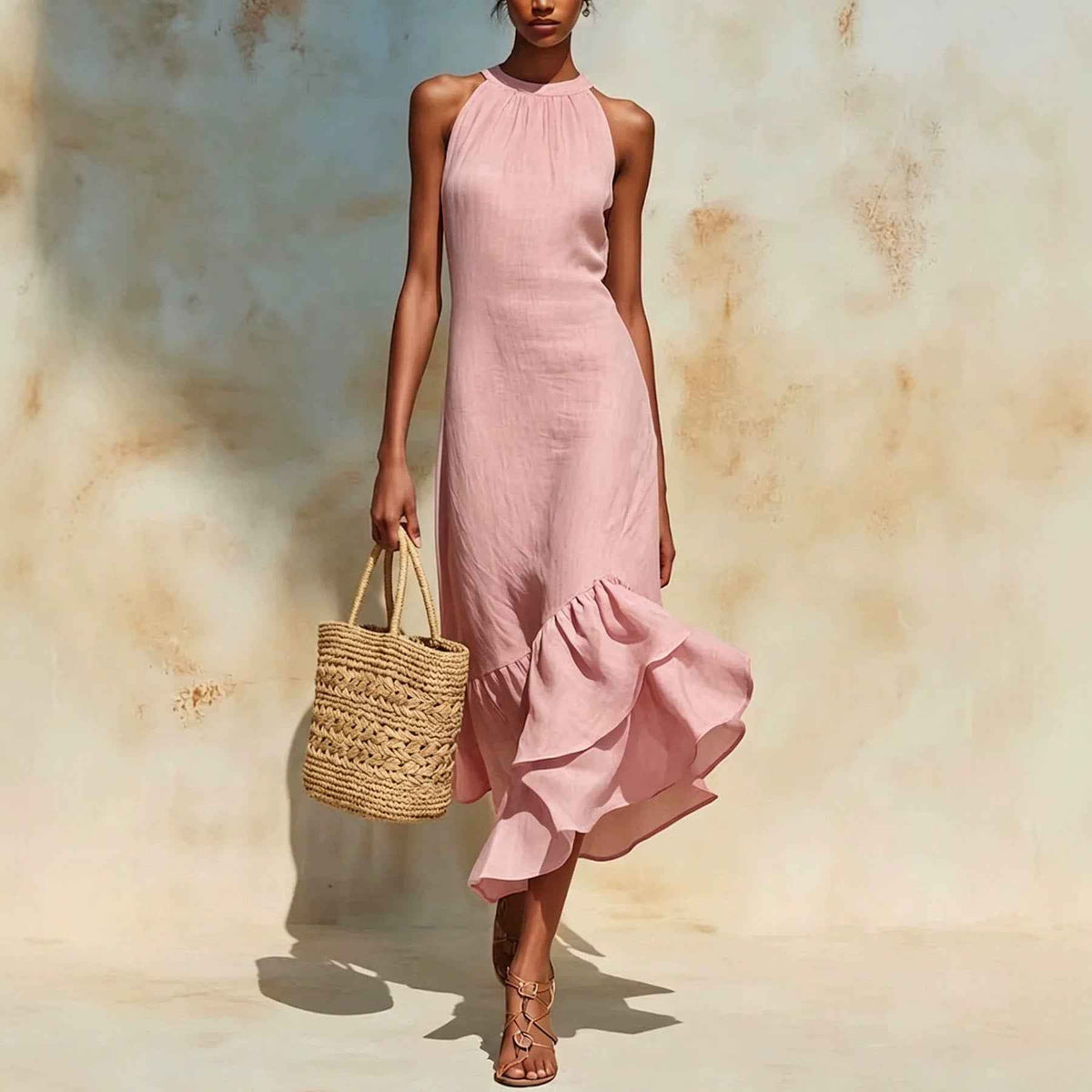 Irregular Ruffled Fishtail Hem Sleeveless Dress
