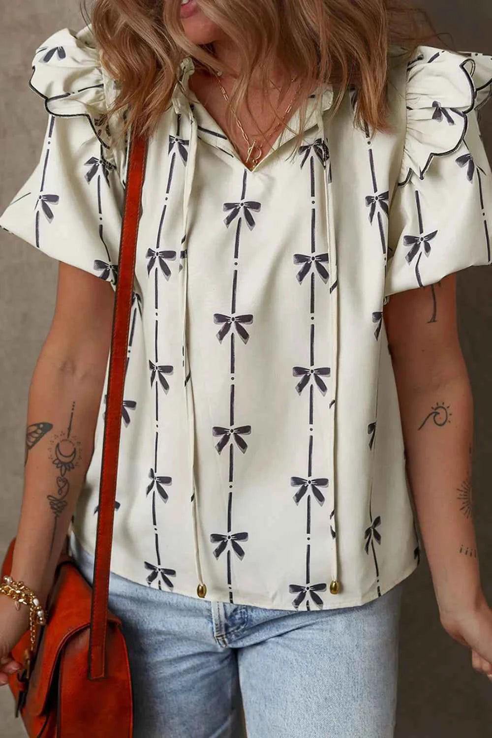 Bow Print Tie Neck Short Sleeve Blouse