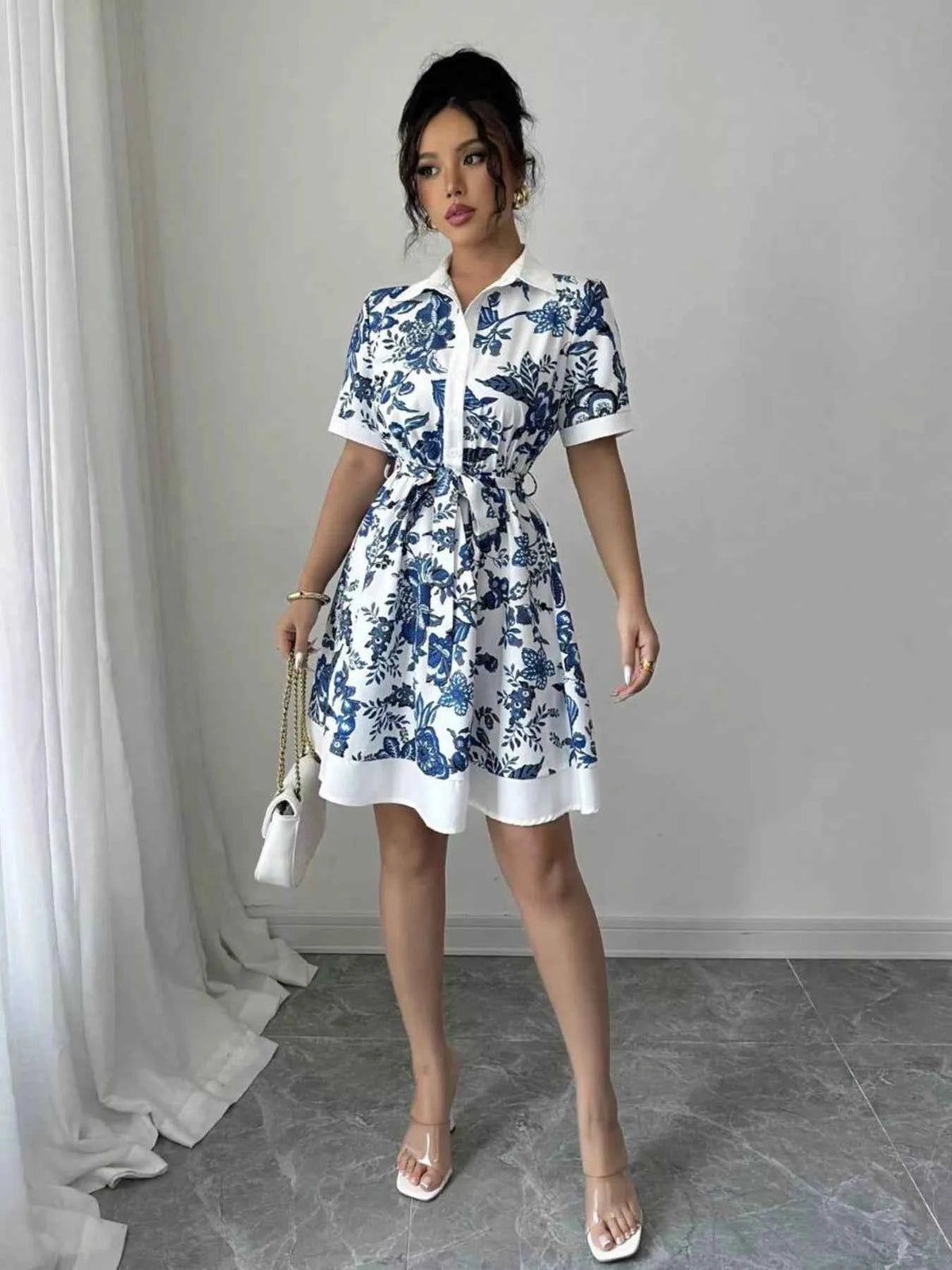 Printed Button Front Mini Dress
