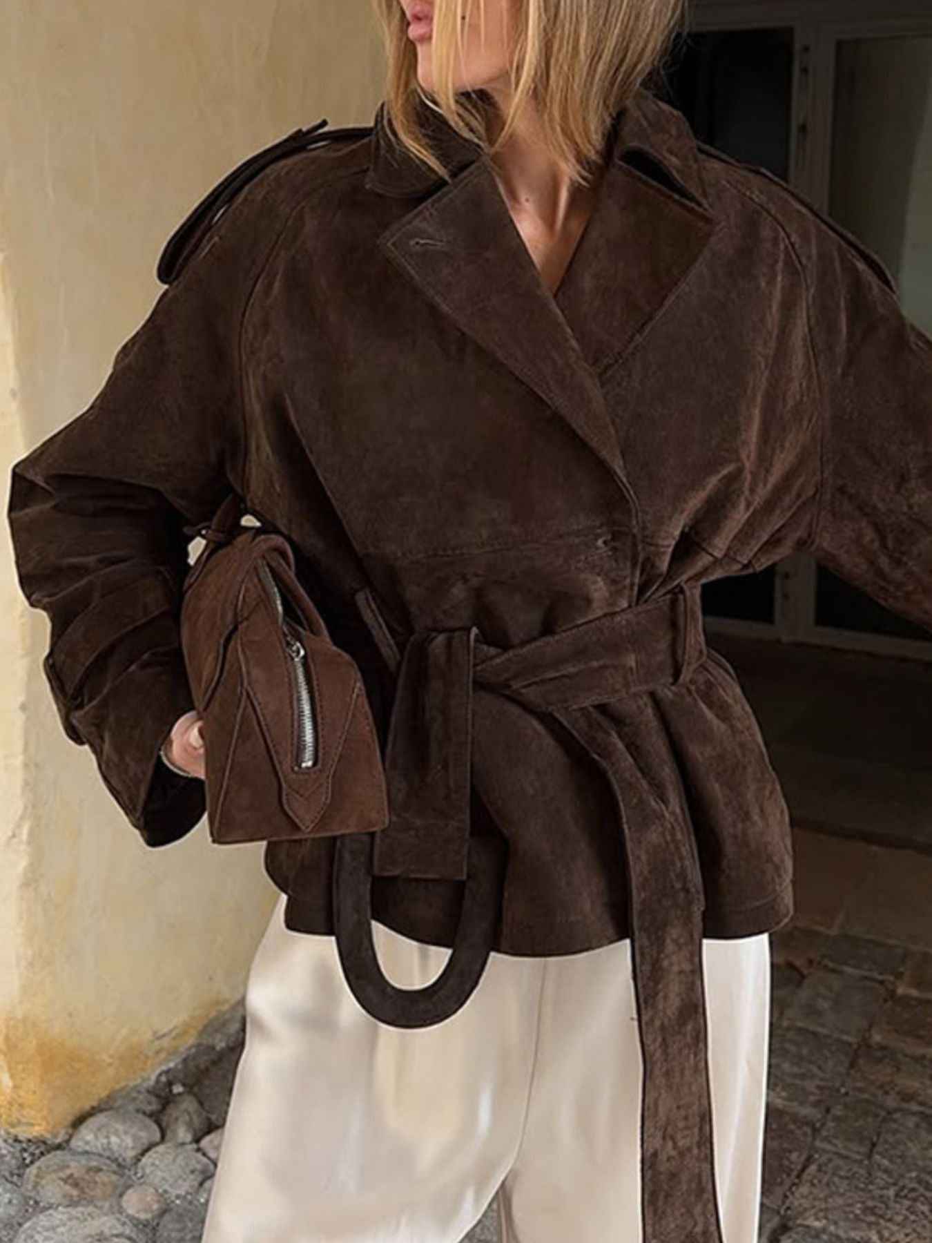 Lapel Collar Tie Waist Outerwear