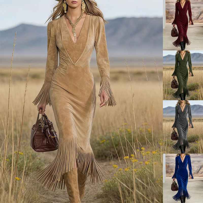 Retro Western Fringe Long-Sleeve Dress