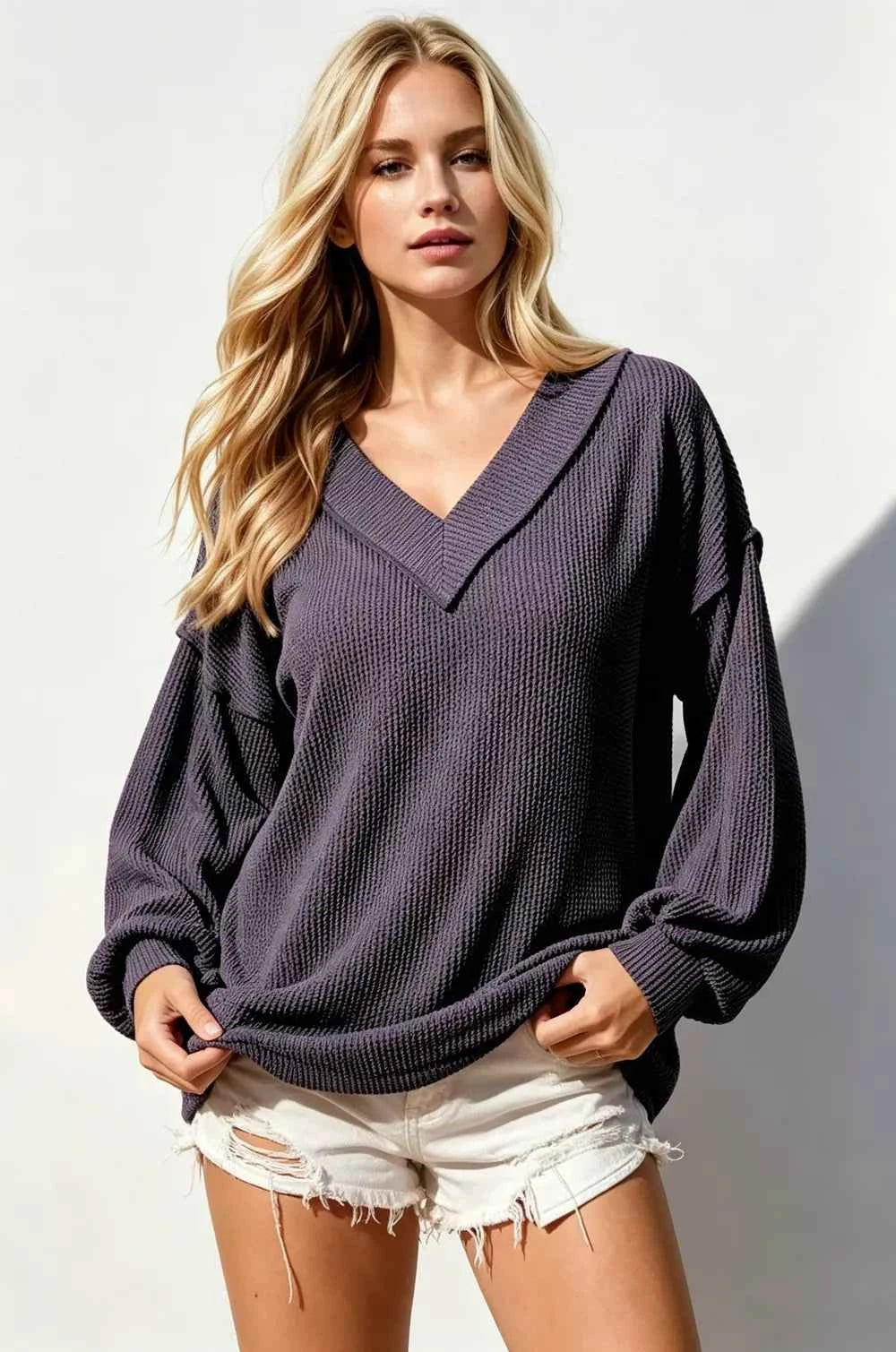 Double Take Exposed Seam Ribbed Textured V-Neck Long Sleeve T-Shirt