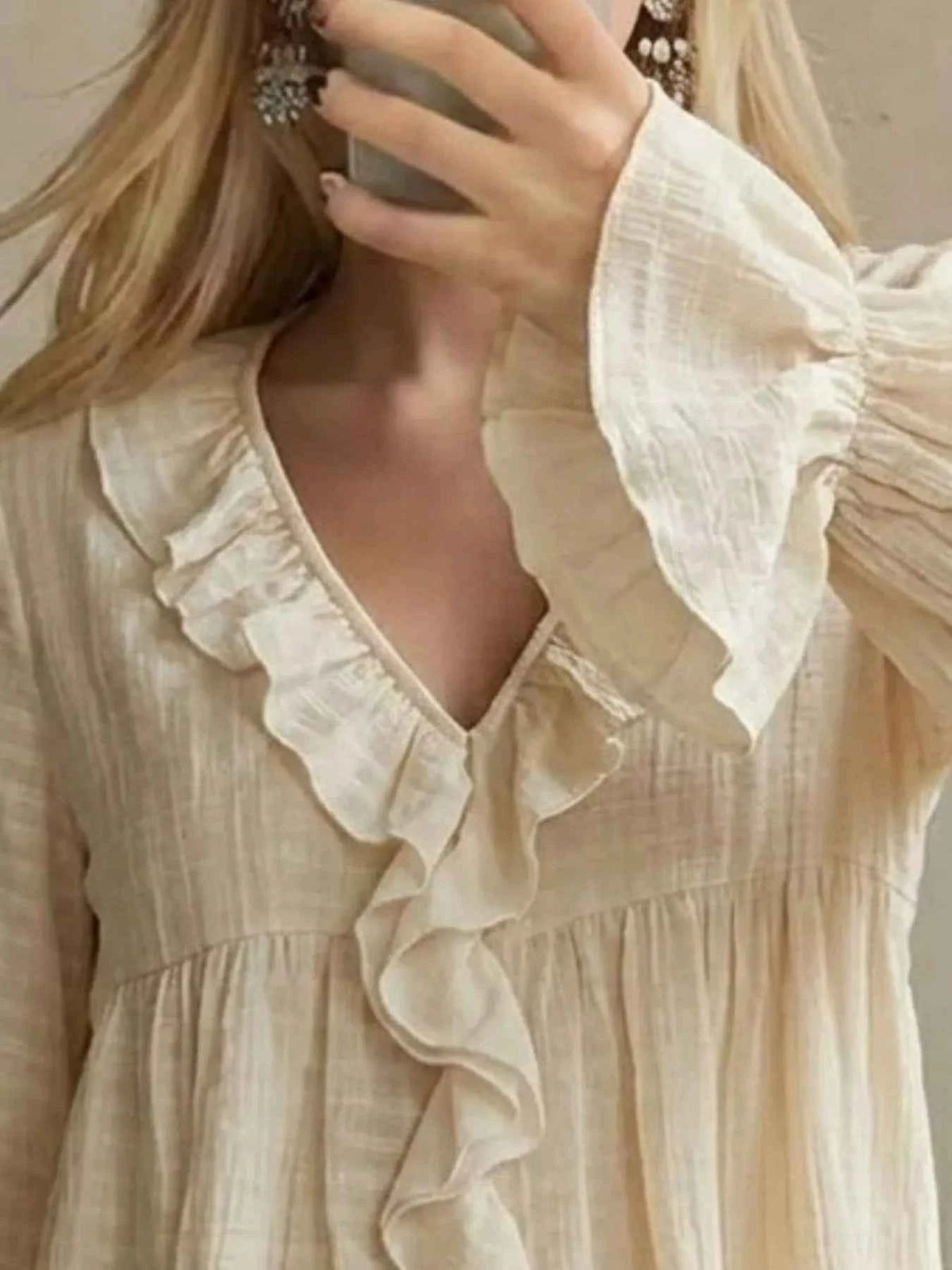 Ruffled V-Neck Flounce Sleeve Blouse