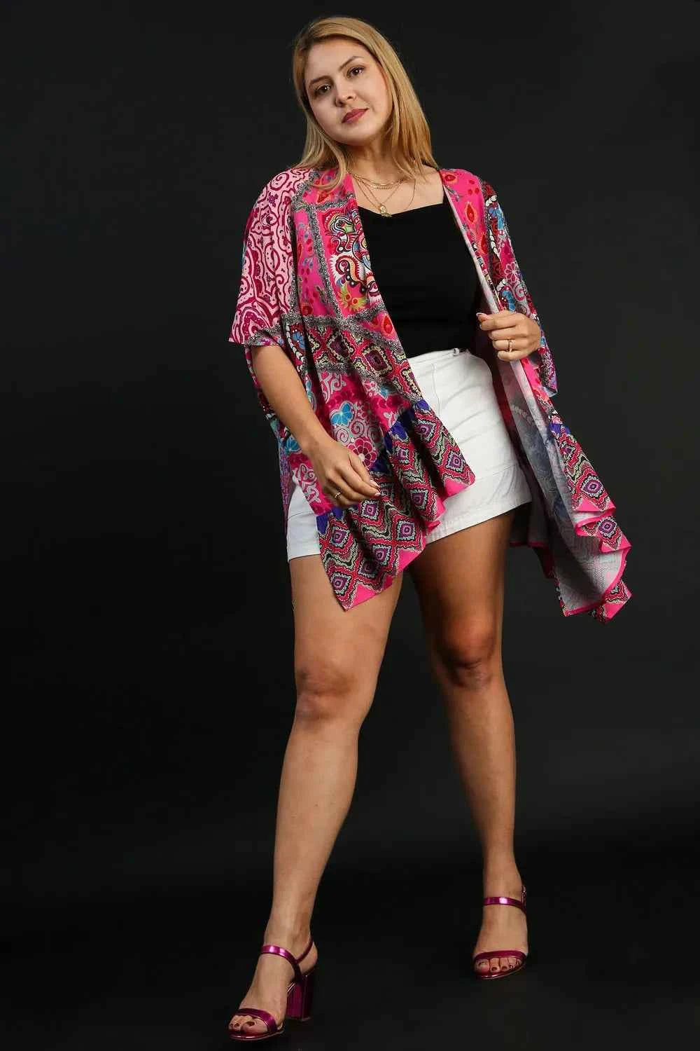 Umgee Full Size Mixed Print Ruffle Hem Open Front Cover Up Plus Size