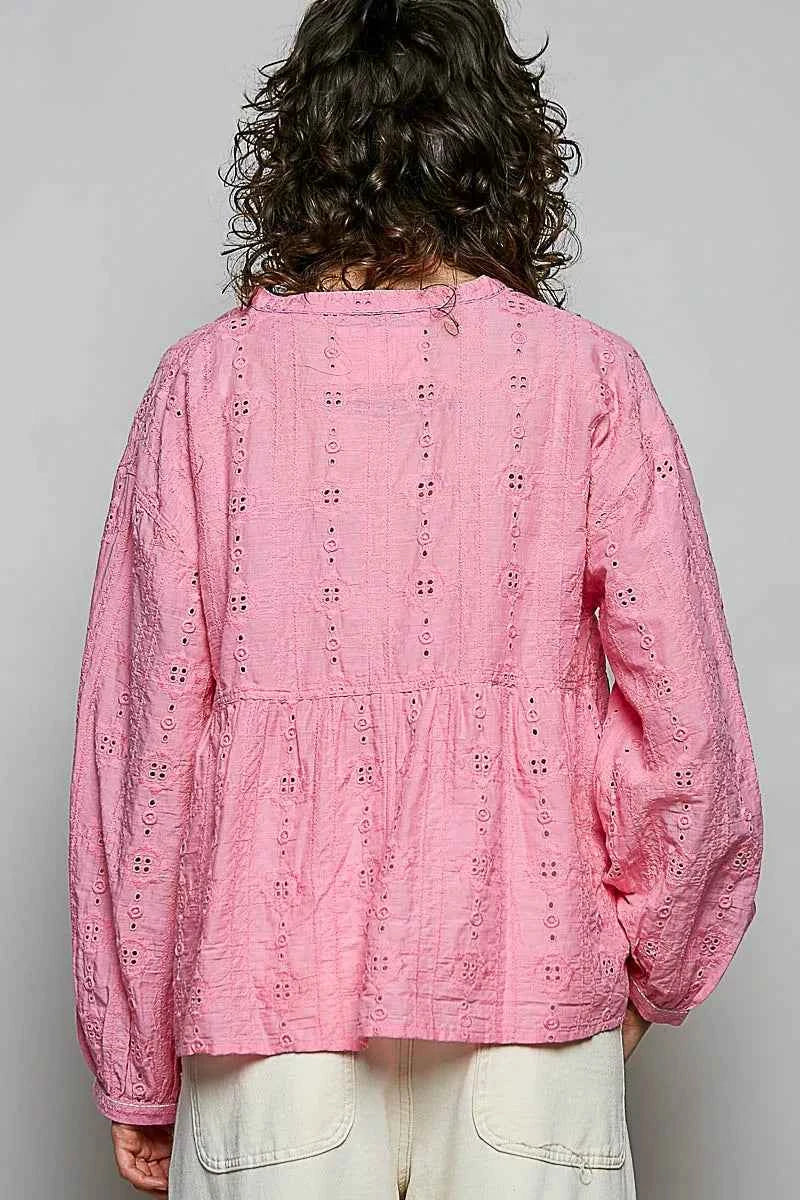 POL Eyelet Lace Split Neck Gathered Empire Waist Cotton Blouse