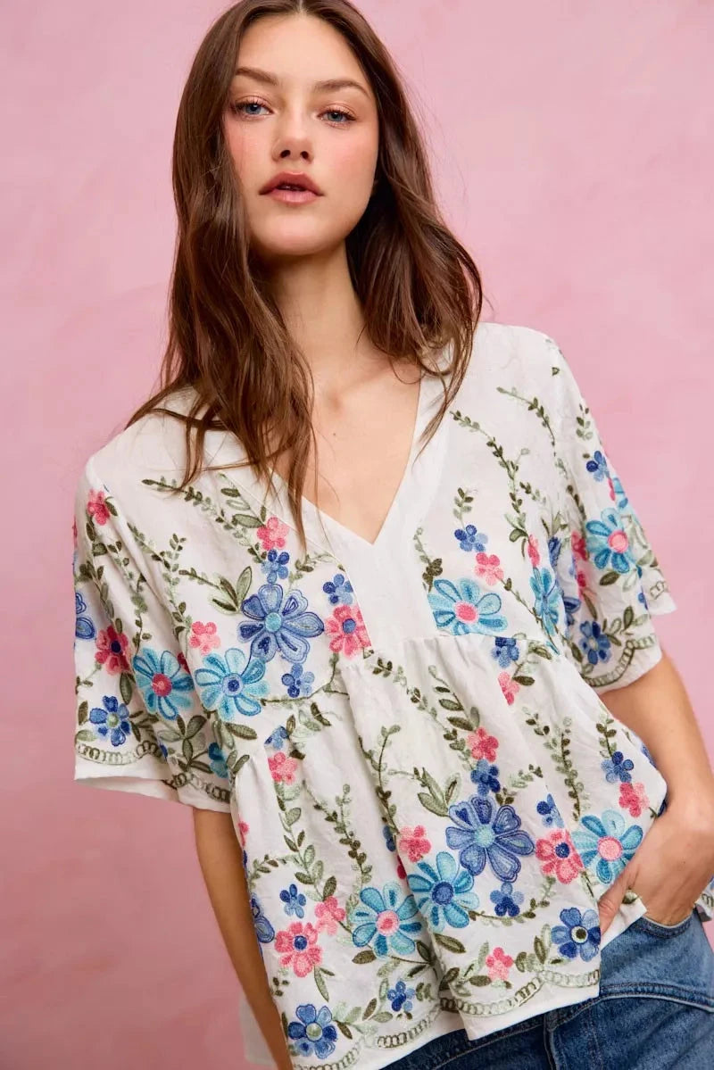 SO ME Floral Embroidered Baby Doll Blouse Top