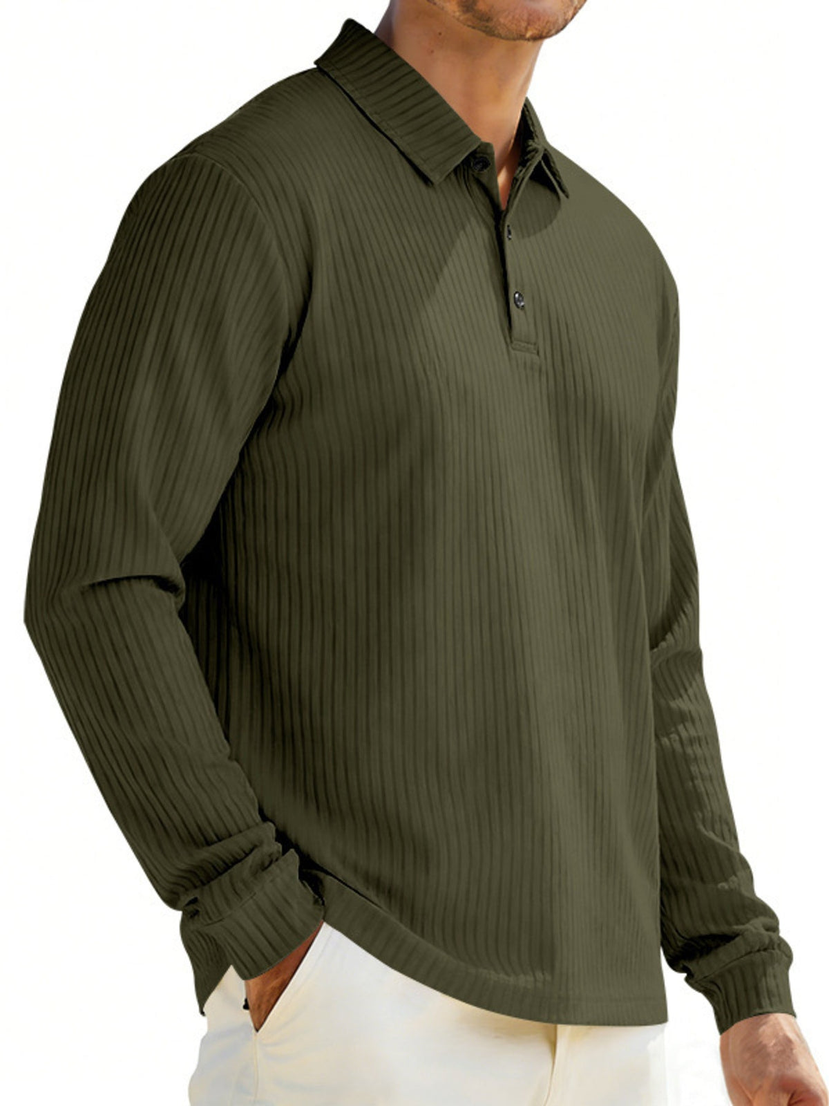 Men's Full Size Ribbed Long Sleeve Polo with Button Detail Plus Size
