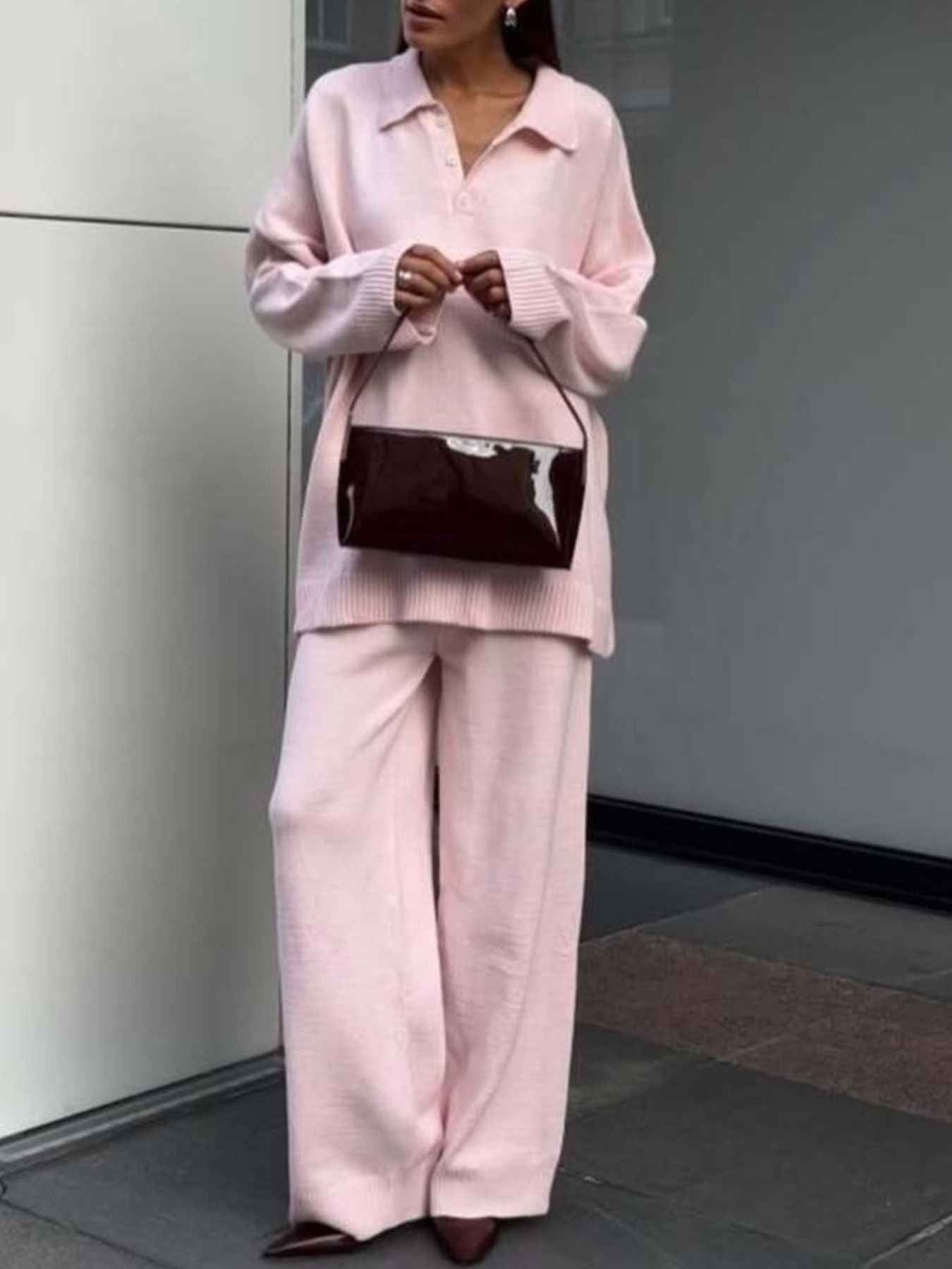 Polo Collar Top and Wide Leg Pants Knit Set