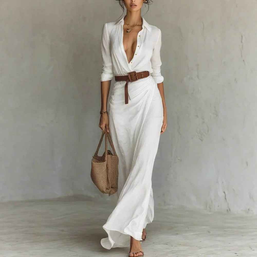 Irregular Long Dress With Belt Fashion And Elegant Button Lapel Long-sleeved Shirt Dresses Daily Office Commuting Clothing For Women