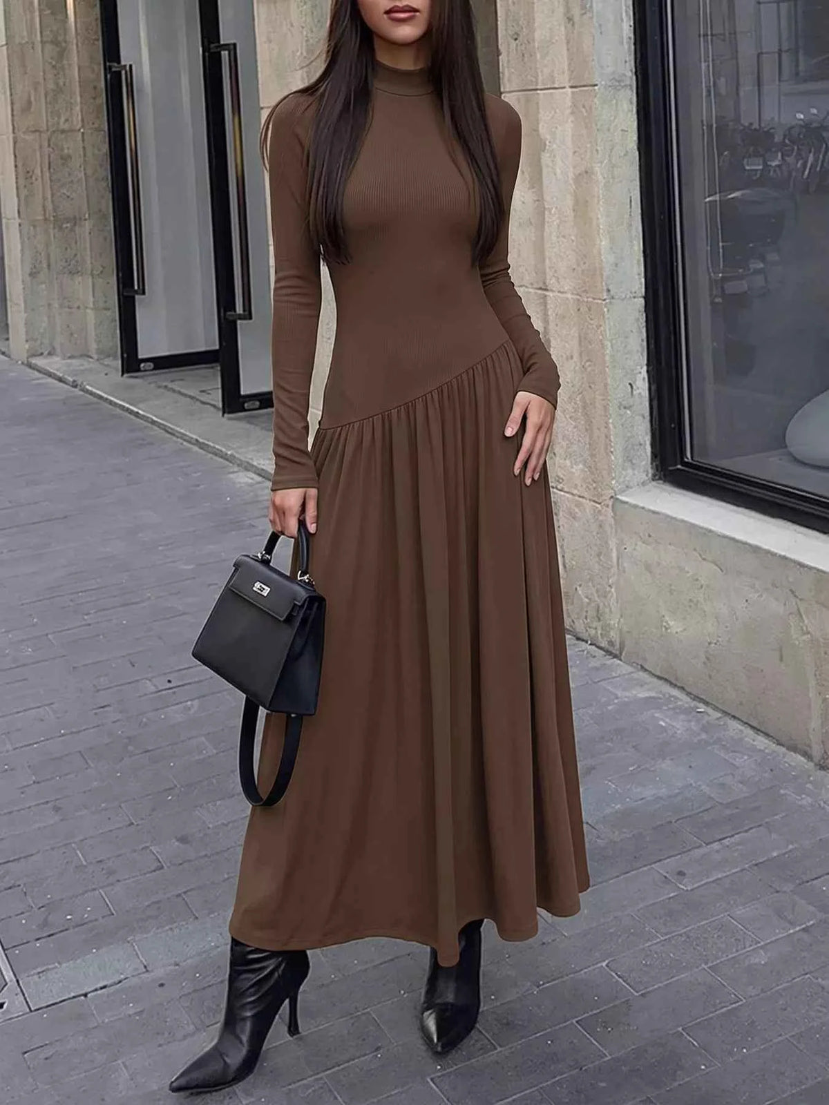 Mock Neck Long Sleeve Midi Dress