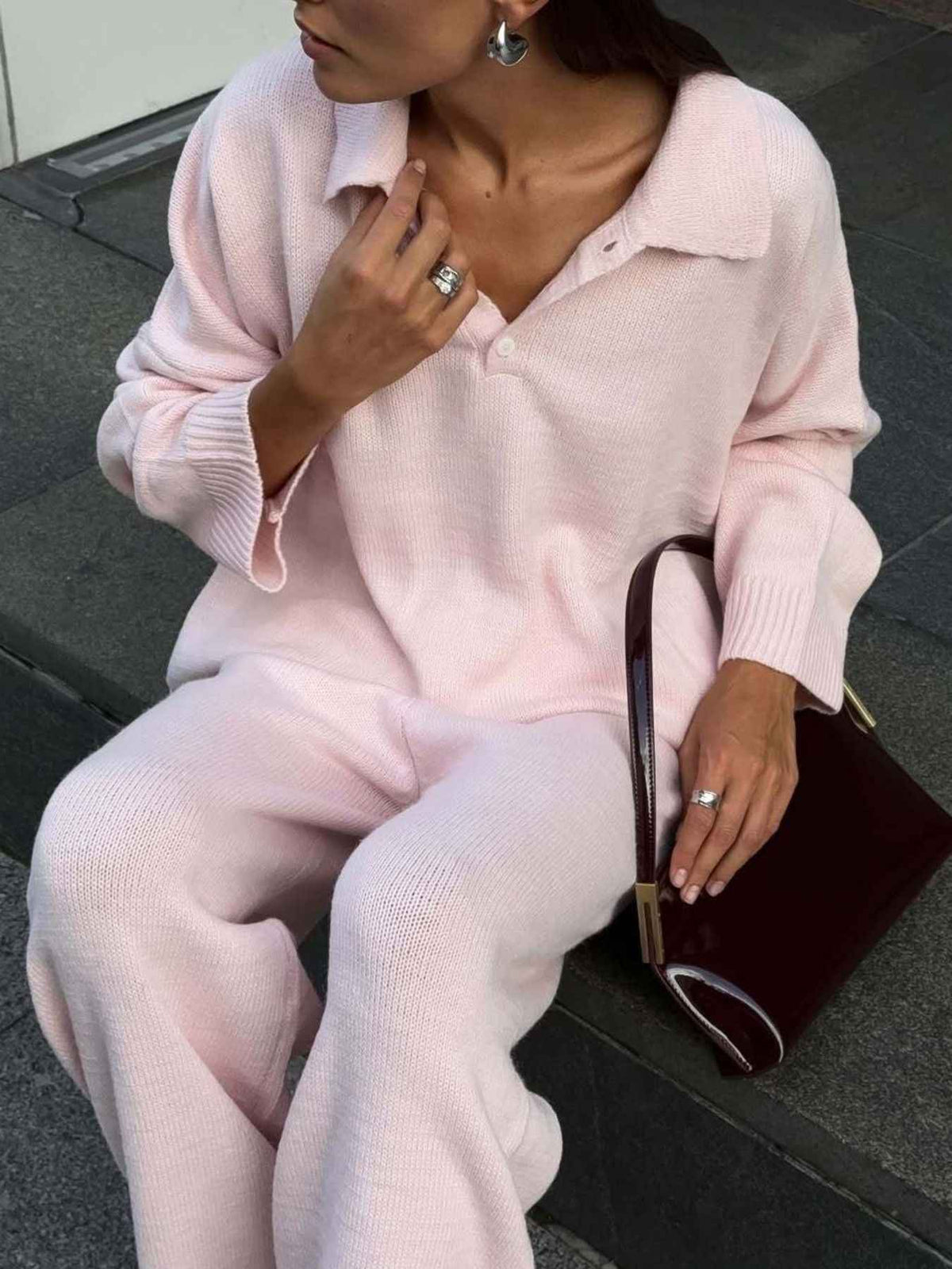 Polo Collar Top and Wide Leg Pants Knit Set