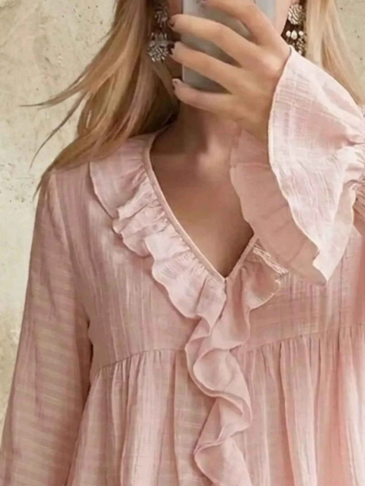 Ruffled V-Neck Flounce Sleeve Blouse