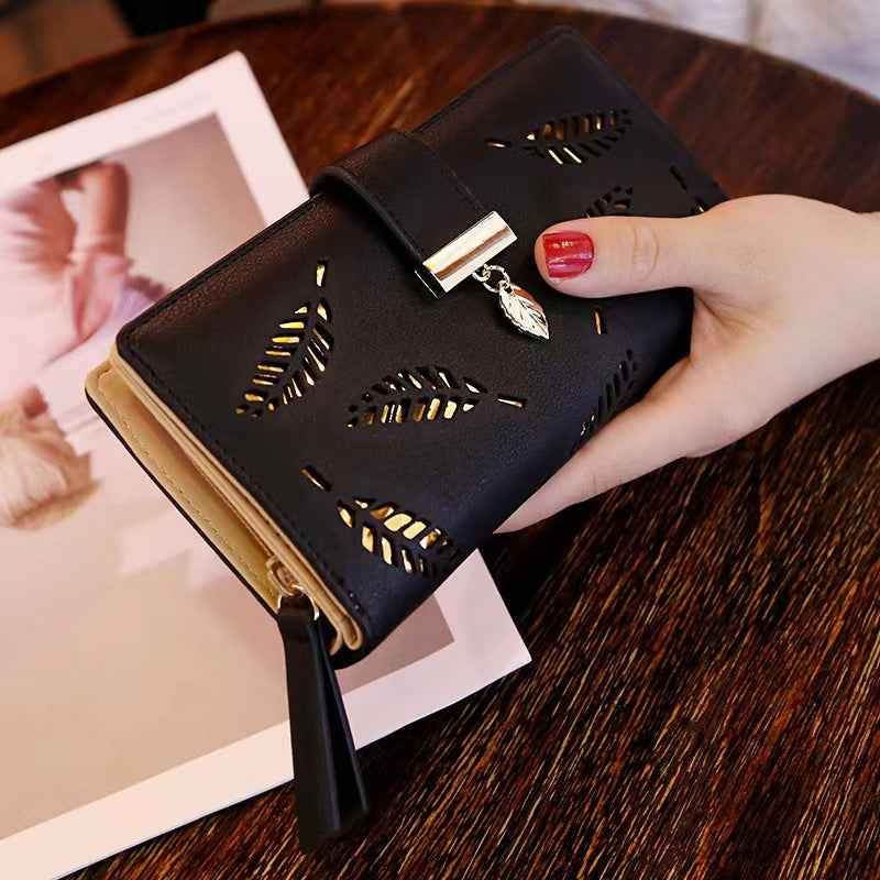 Women's Fashion Long Wallet Clutch - Elegant Hollow Out Leaf Design Zipper Closure Wristlet Handbag With Card Slots & Phone Compartment, Trendy Evening Purse For Ladies & Girls