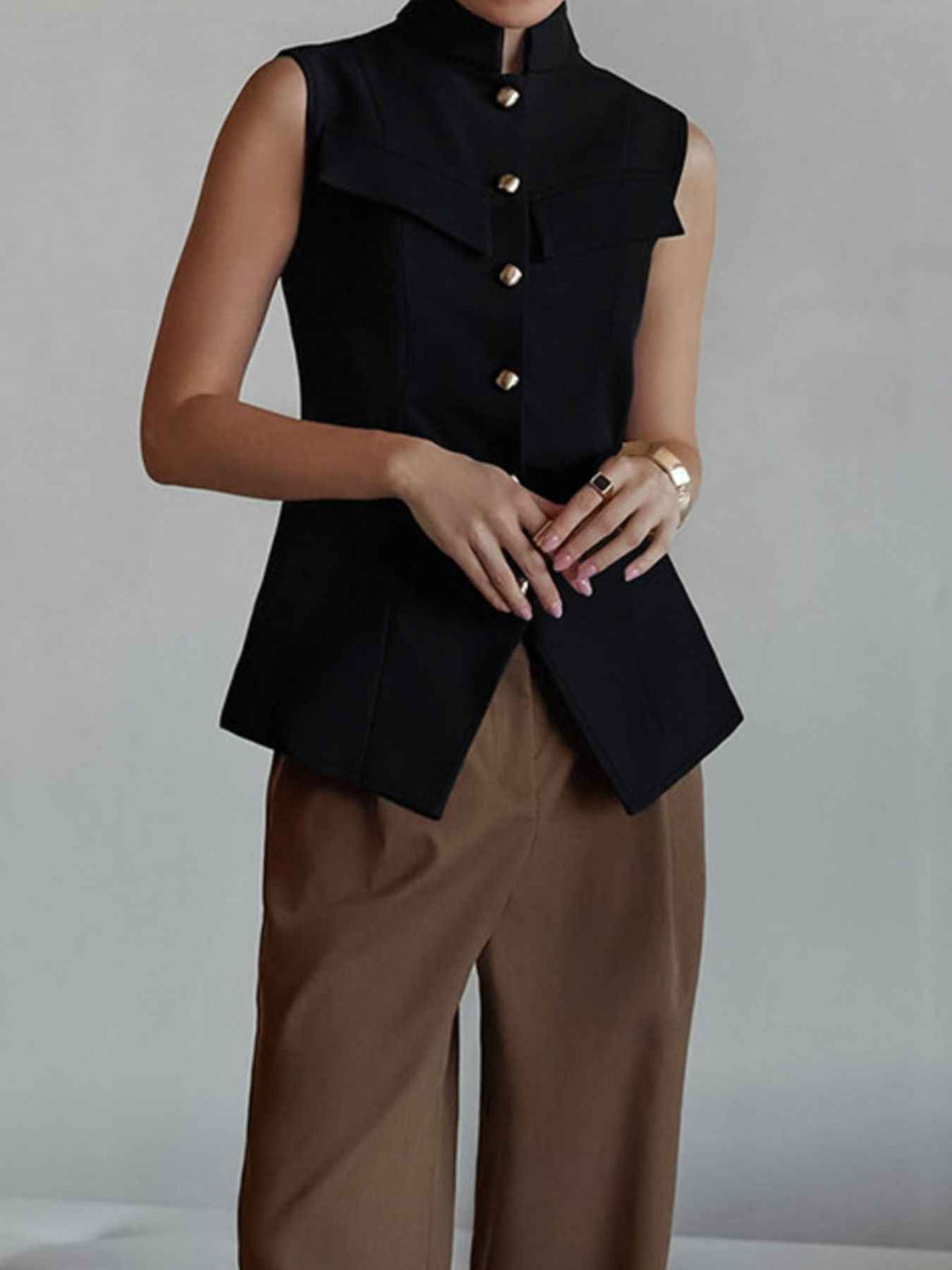 Stand Collar Button-Down Vest Coat