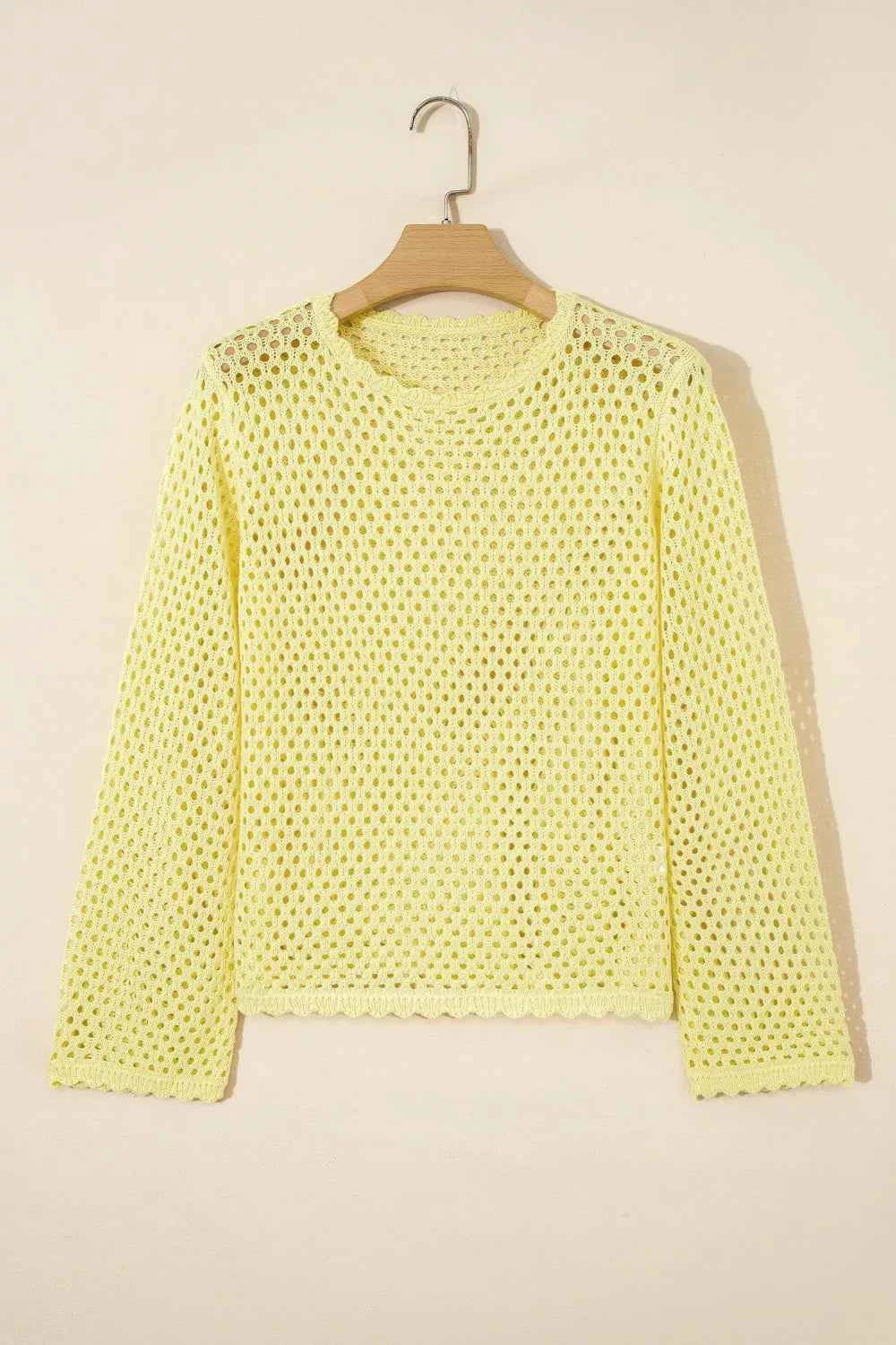 Scalloped Trim Hollow Out Knit Long Sleeve Top