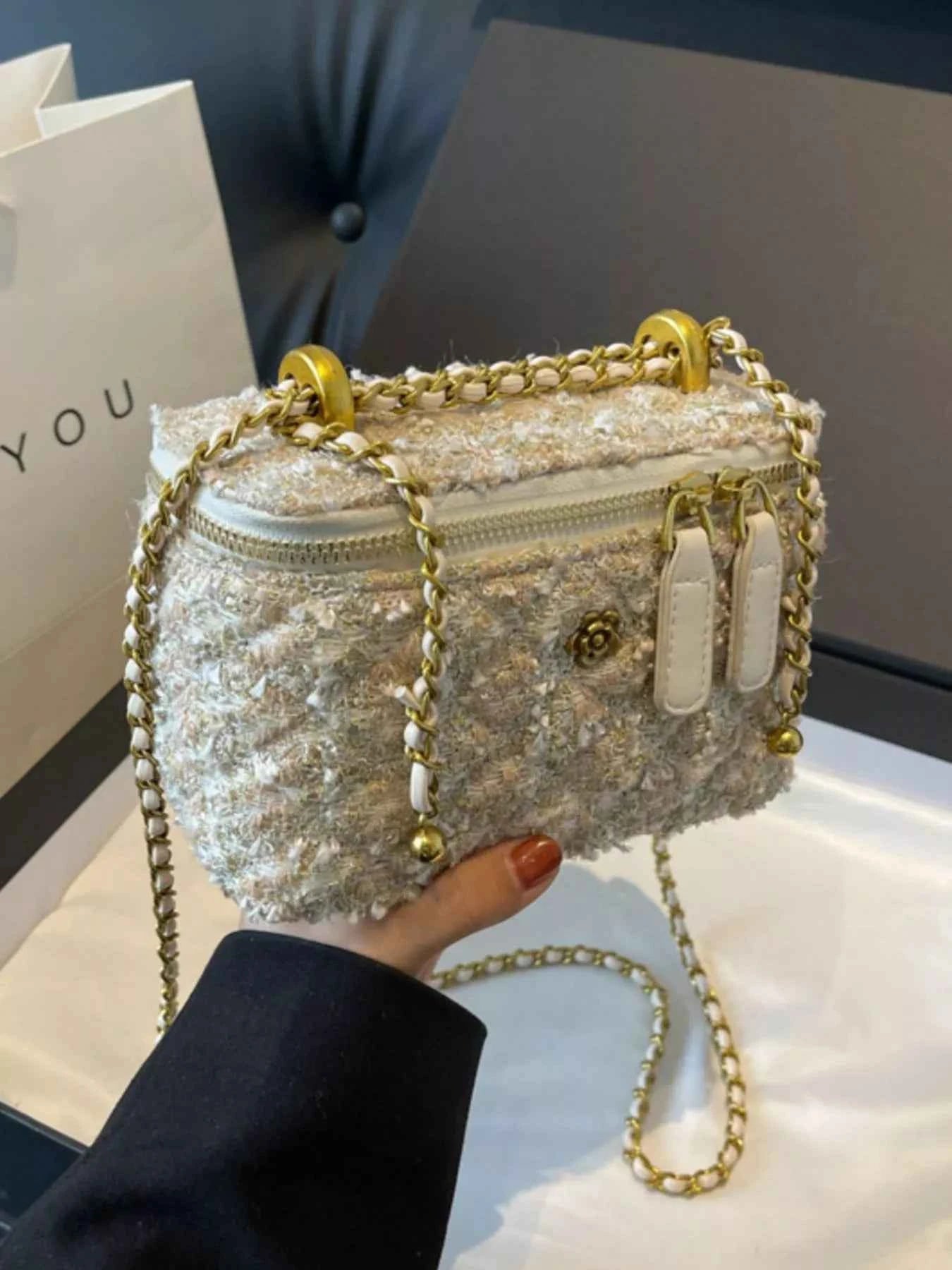Tweed Crossbody Bag with Chain Strap